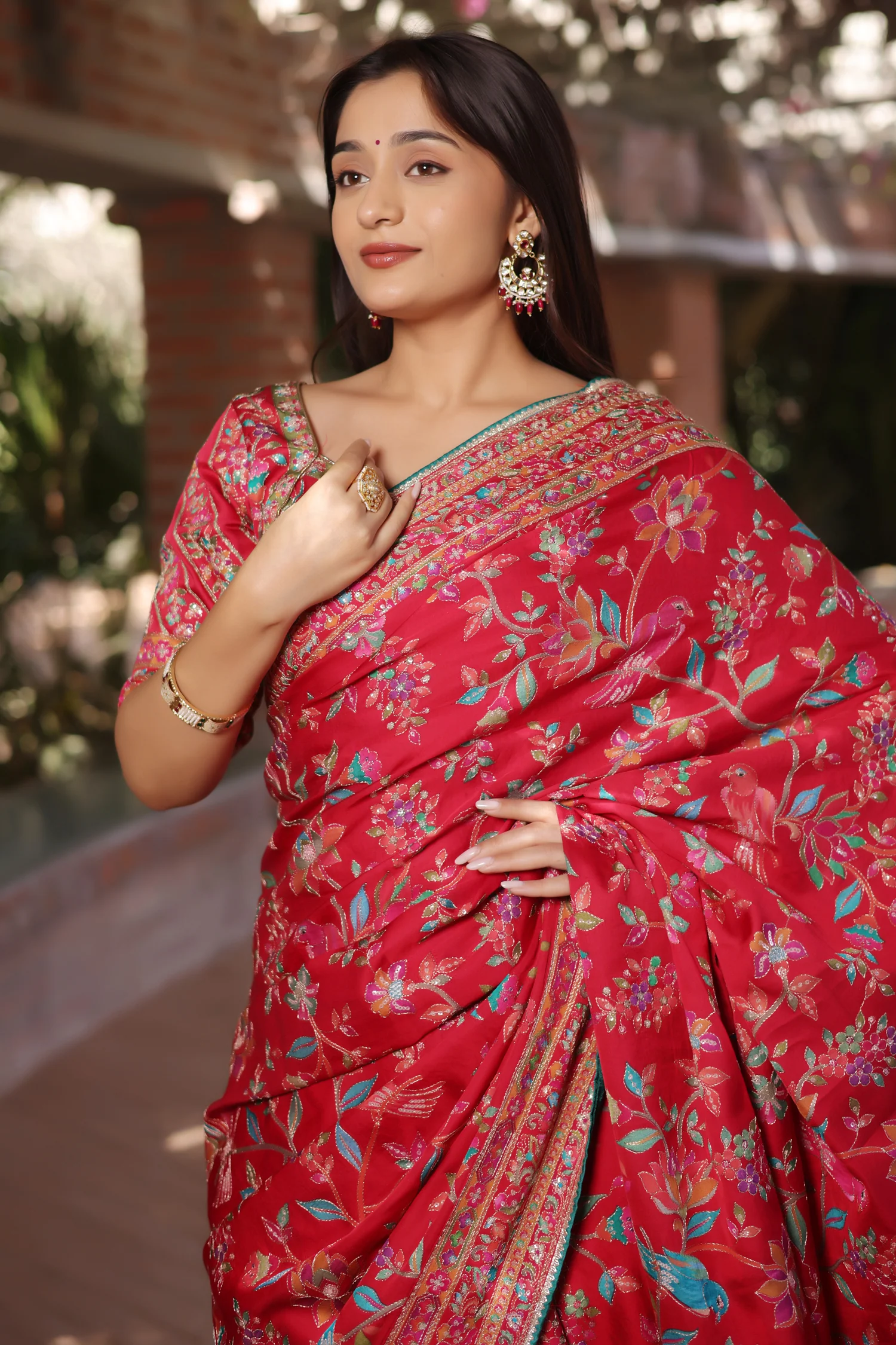 Red Silk Printed Saree with Sequin Embroidery Work - Image 3