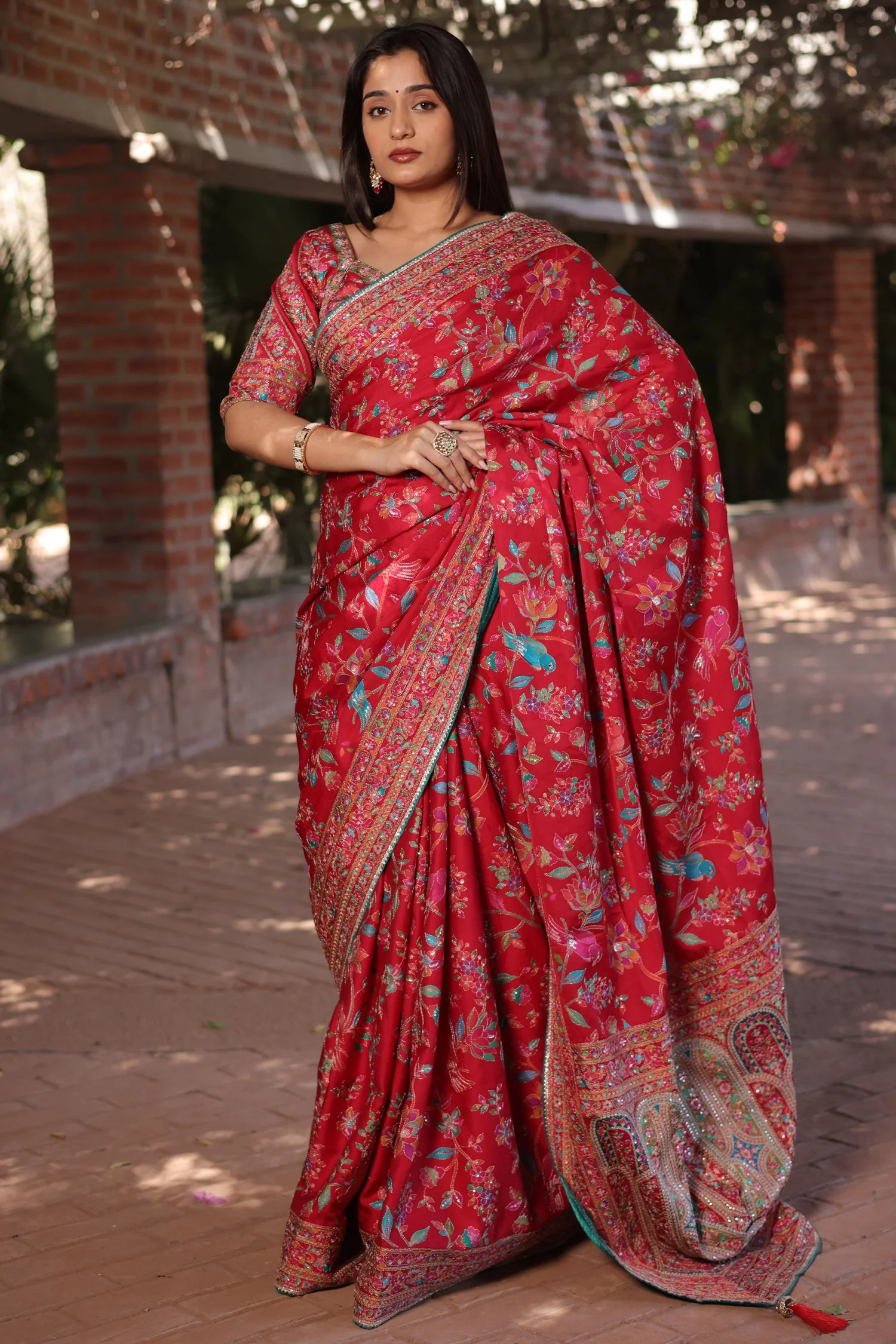 Red Silk Printed Saree with Sequin Embroidery Work - Image 4