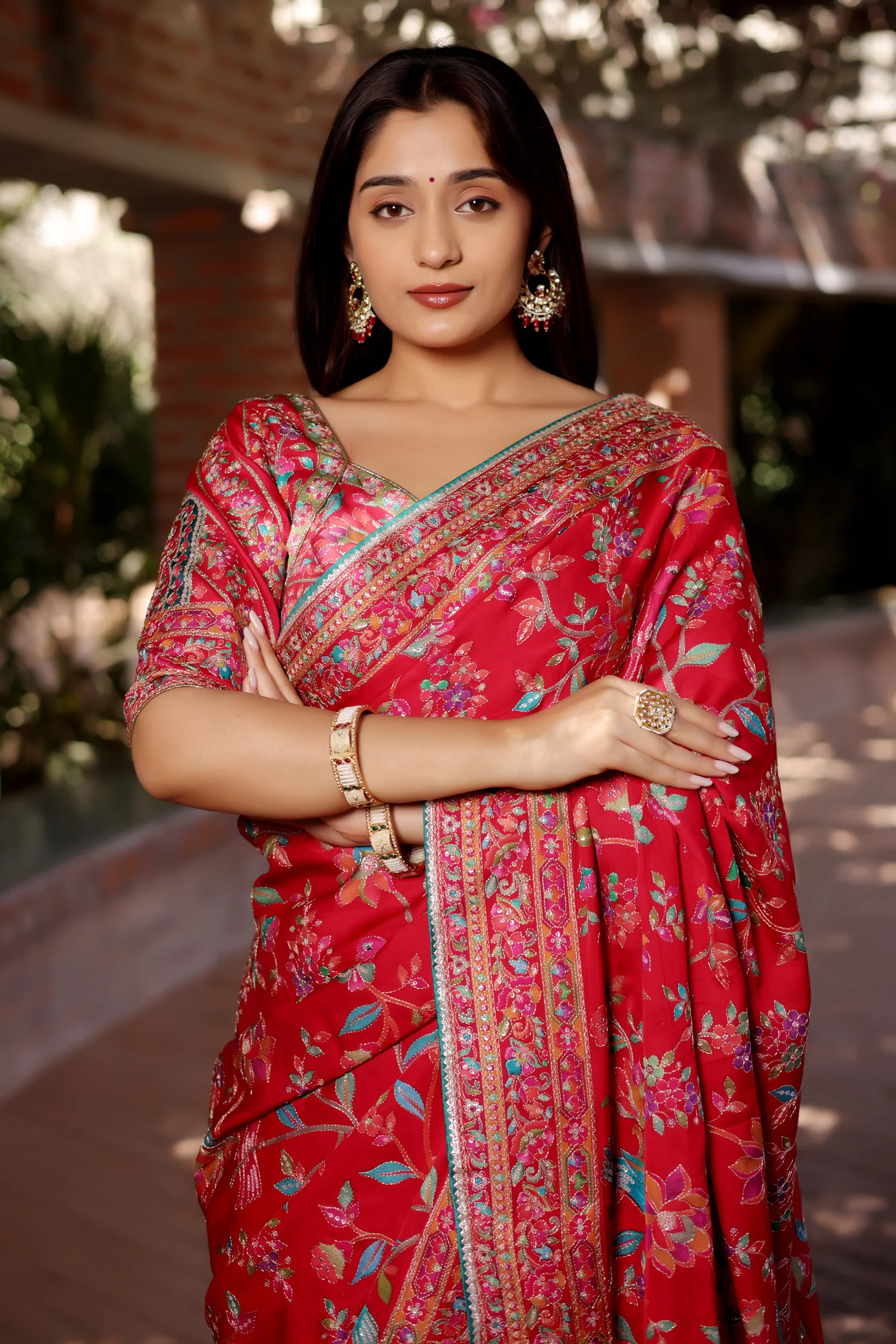 Red Silk Printed Saree with Sequin Embroidery Work - Image 5