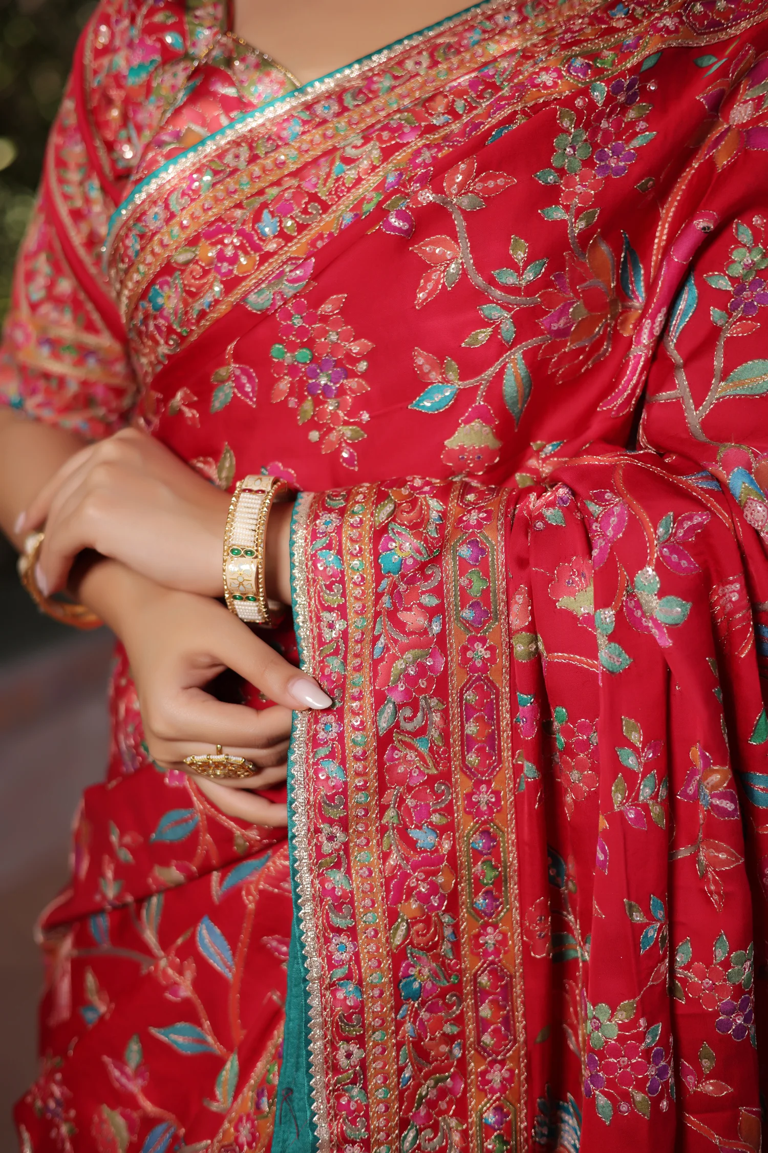 Red Silk Printed Saree with Sequin Embroidery Work - Image 6