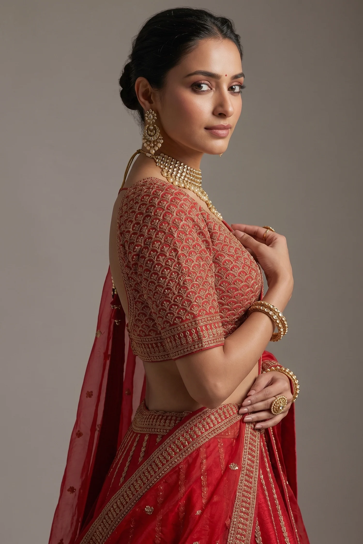 Red Silk Sequin Embroidered Bridal Lehenga - Image 2