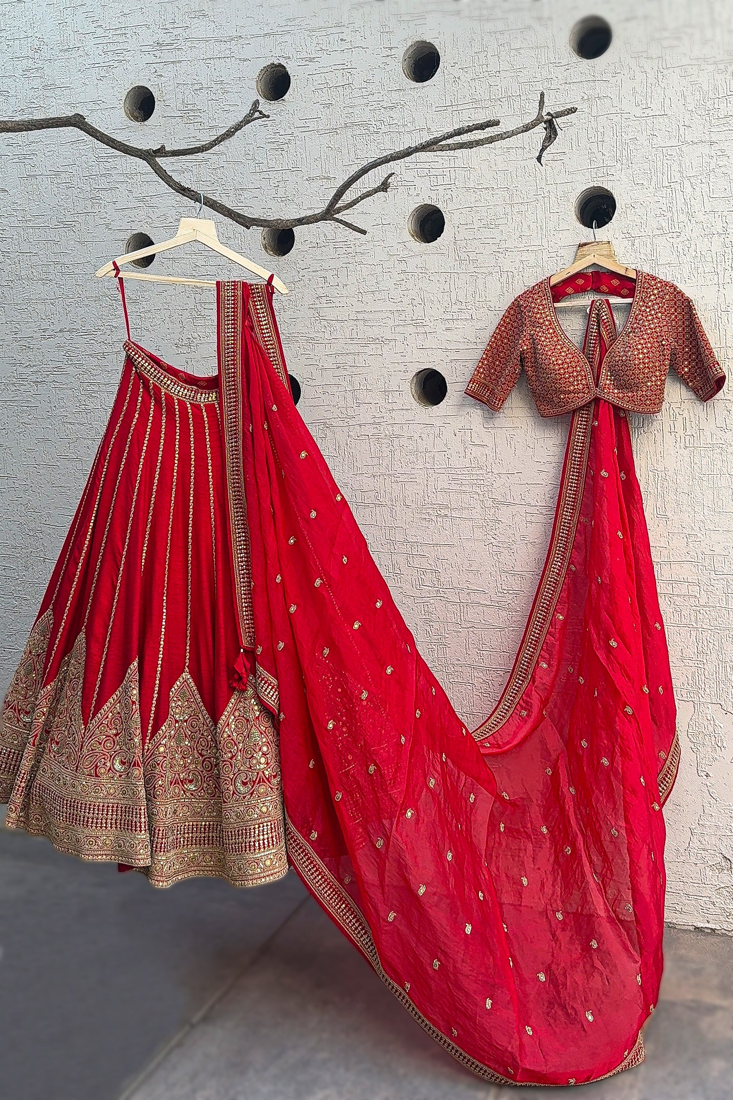 Red Silk Sequin Embroidered Bridal Lehenga - Image 3