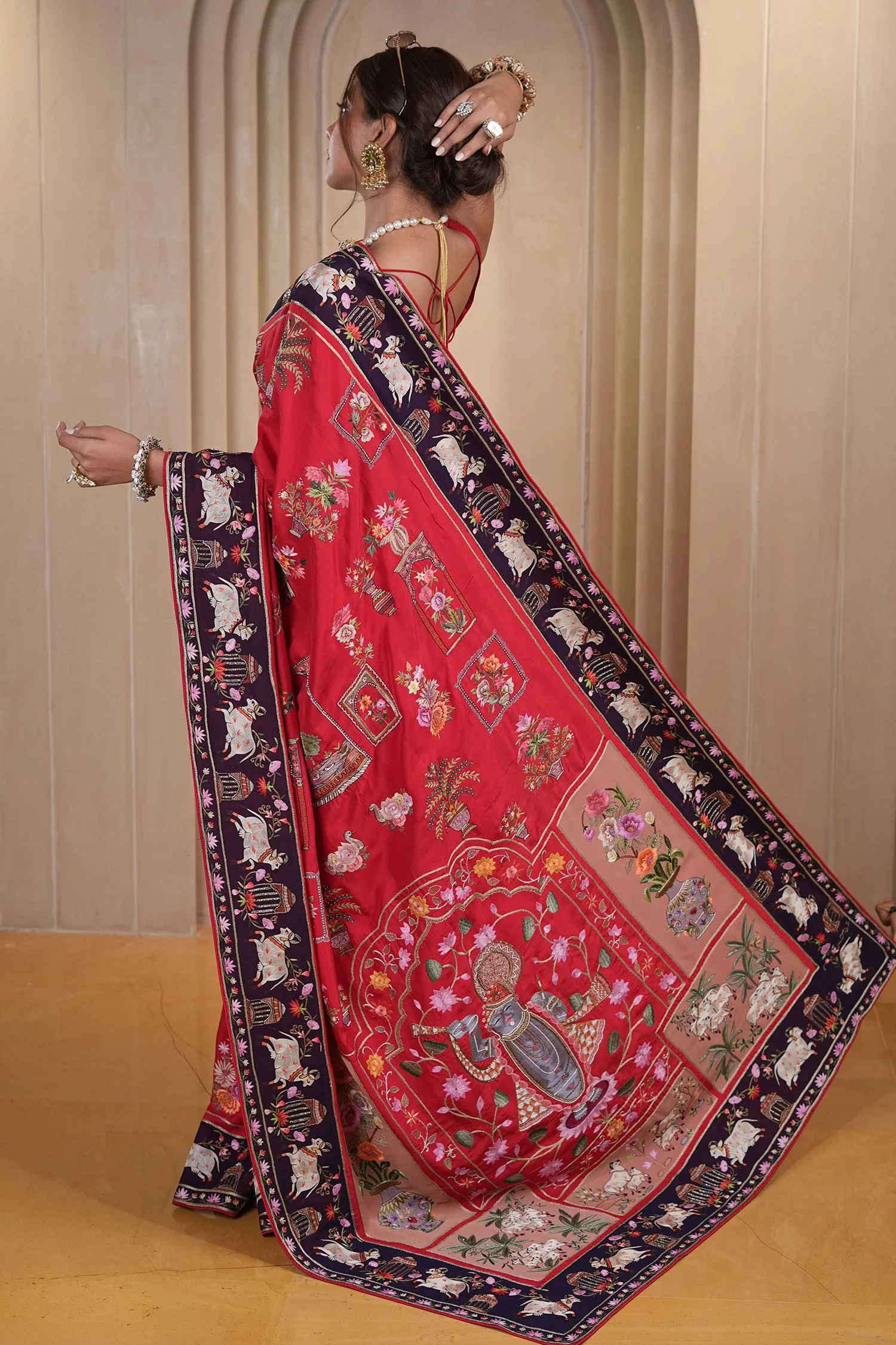 Red Silk Traditional All Over Pichwai Embroidered Saree - Image 3