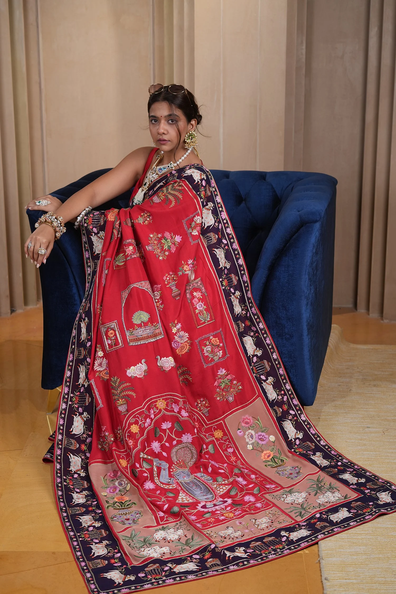 Red Silk Traditional All Over Pichwai Embroidered Saree - Image 4