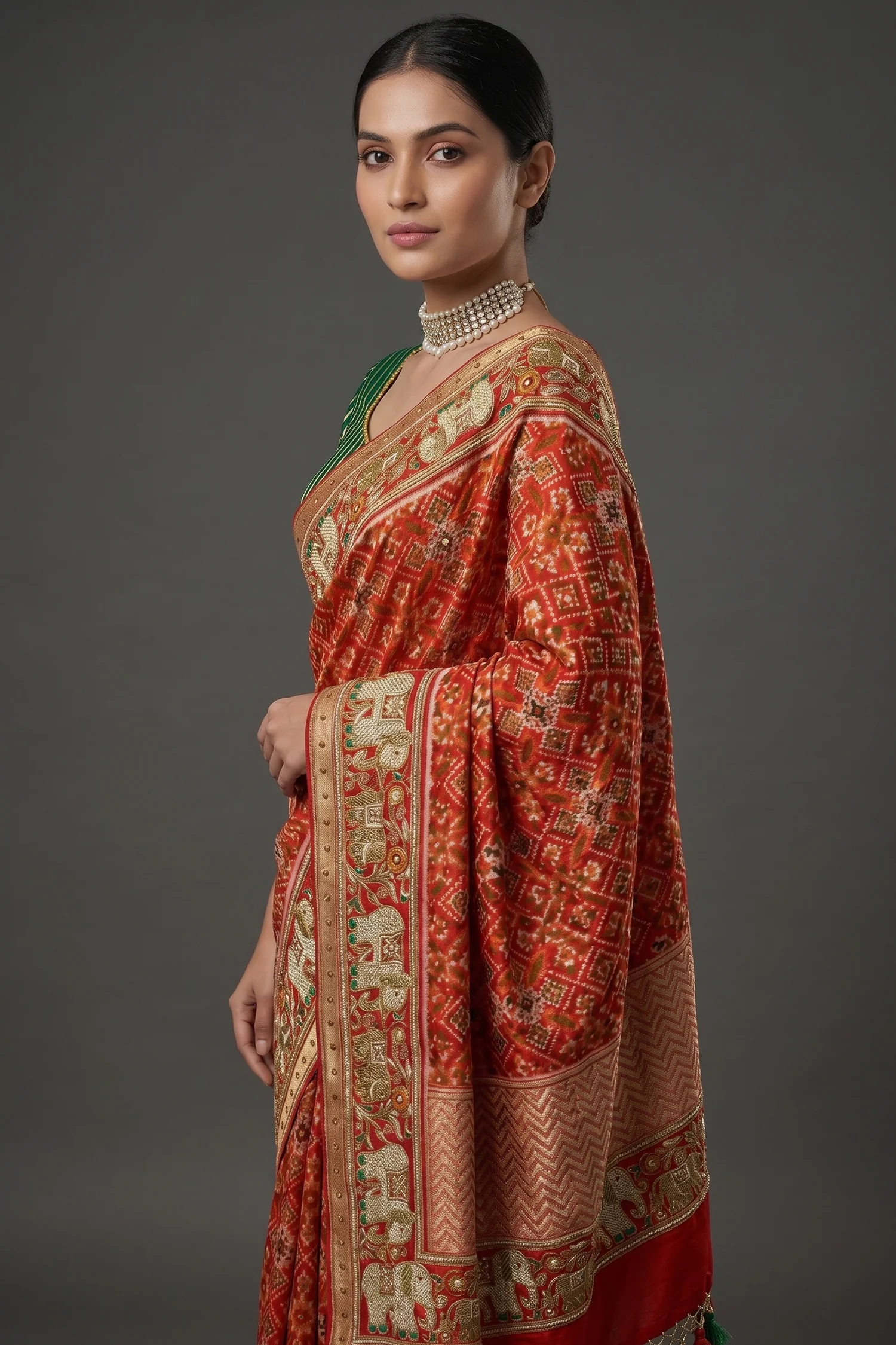 Red Silk Traditional Patola Saree with Handworked Elephant Motif Border - Image 2