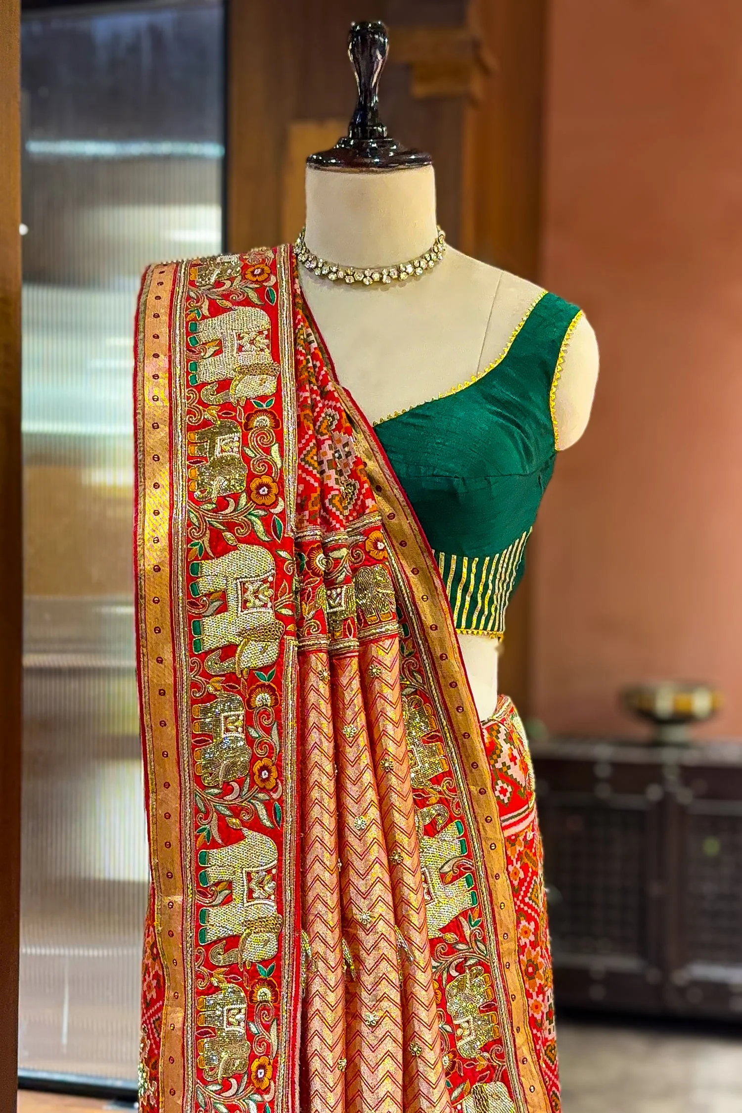 Red Silk Traditional Patola Saree with Handworked Elephant Motif Border - Image 4