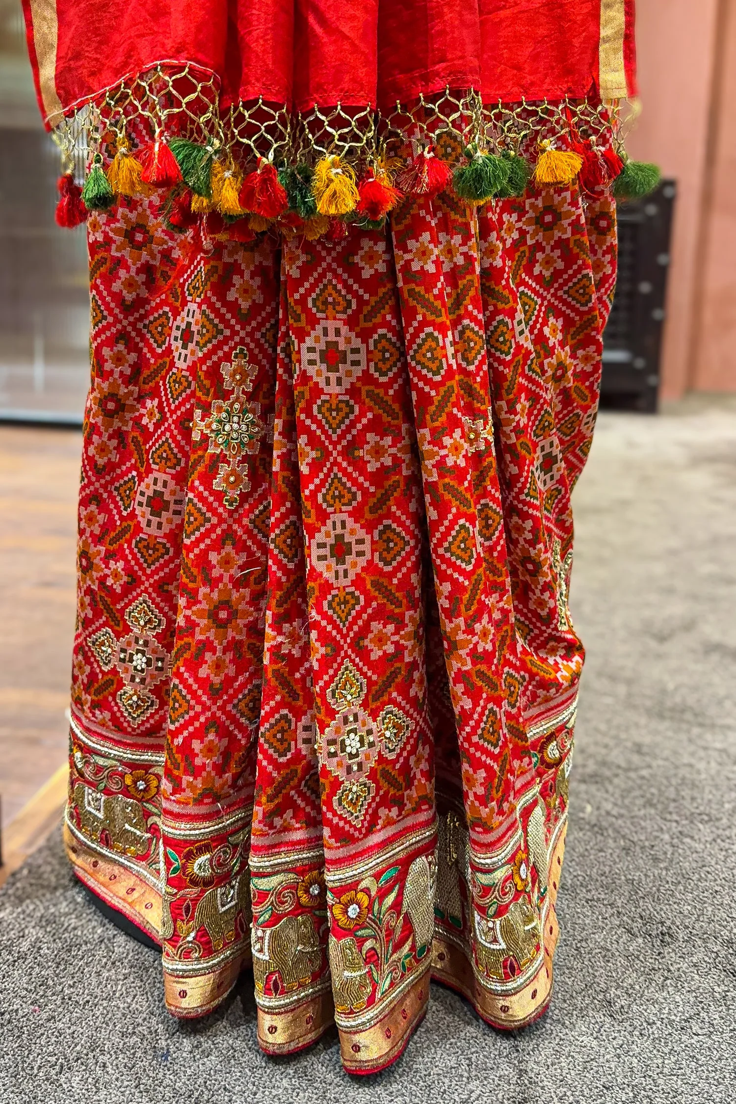 Red Silk Traditional Patola Saree with Handworked Elephant Motif Border - Image 5