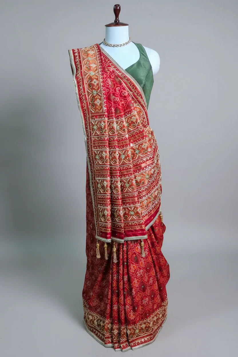 Red Silk Traditional Woven Patola Saree with Cutdana and Beads Work
