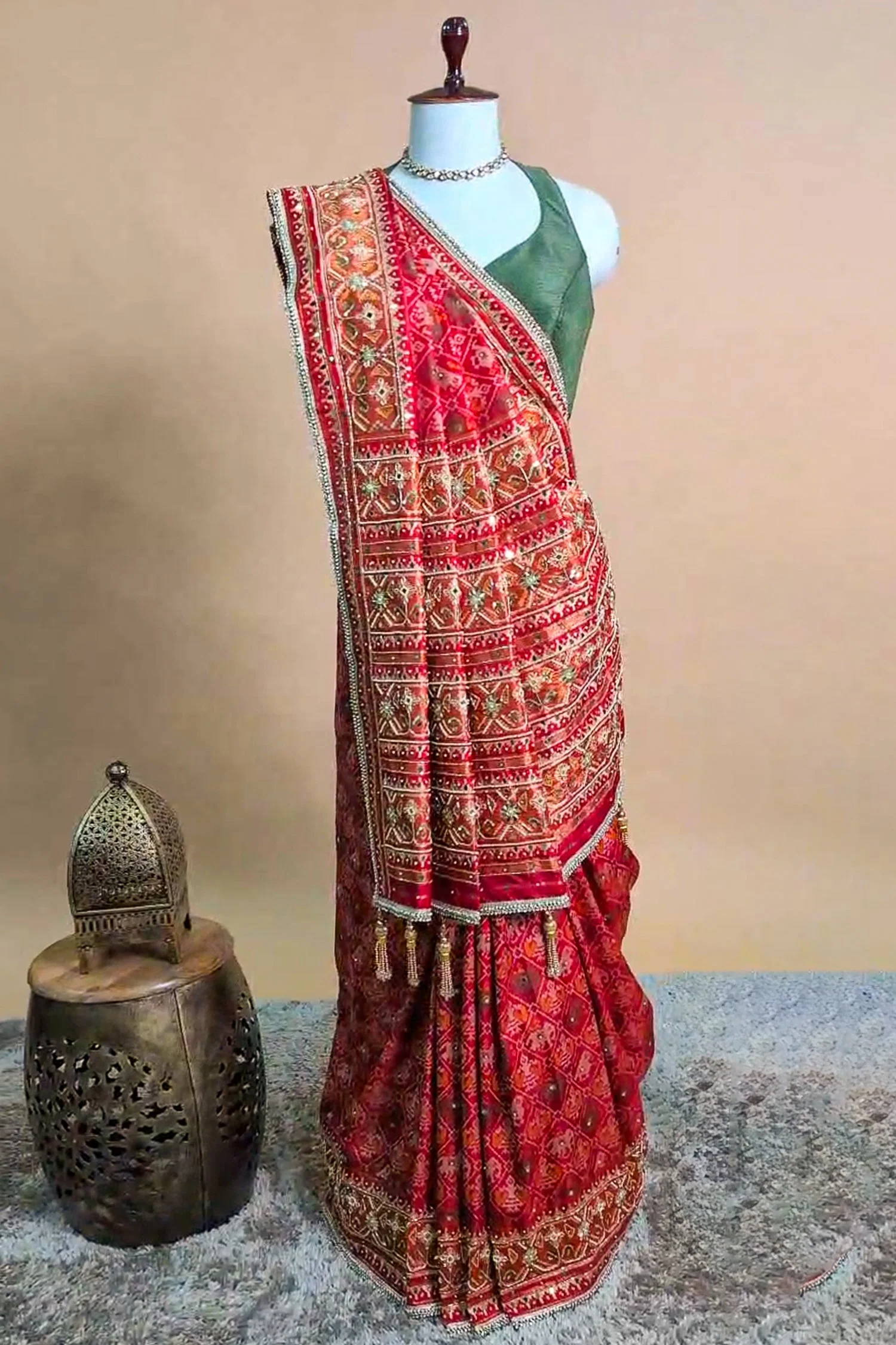 Red Silk Traditional Woven Patola Saree with Cutdana and Beads Work - Image 2