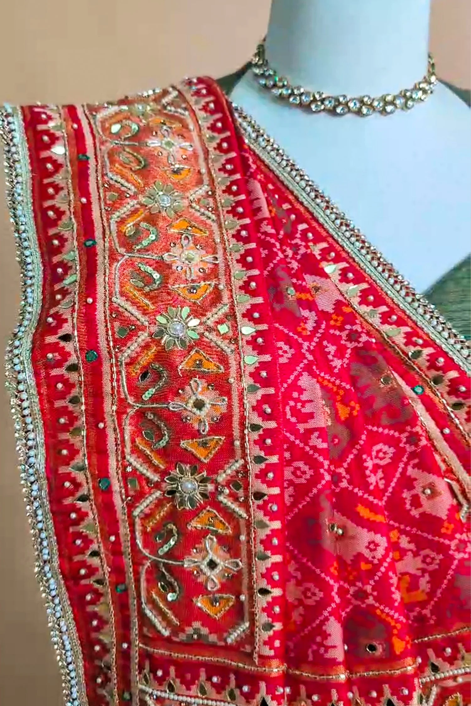 Red Silk Traditional Woven Patola Saree with Cutdana and Beads Work - Image 3