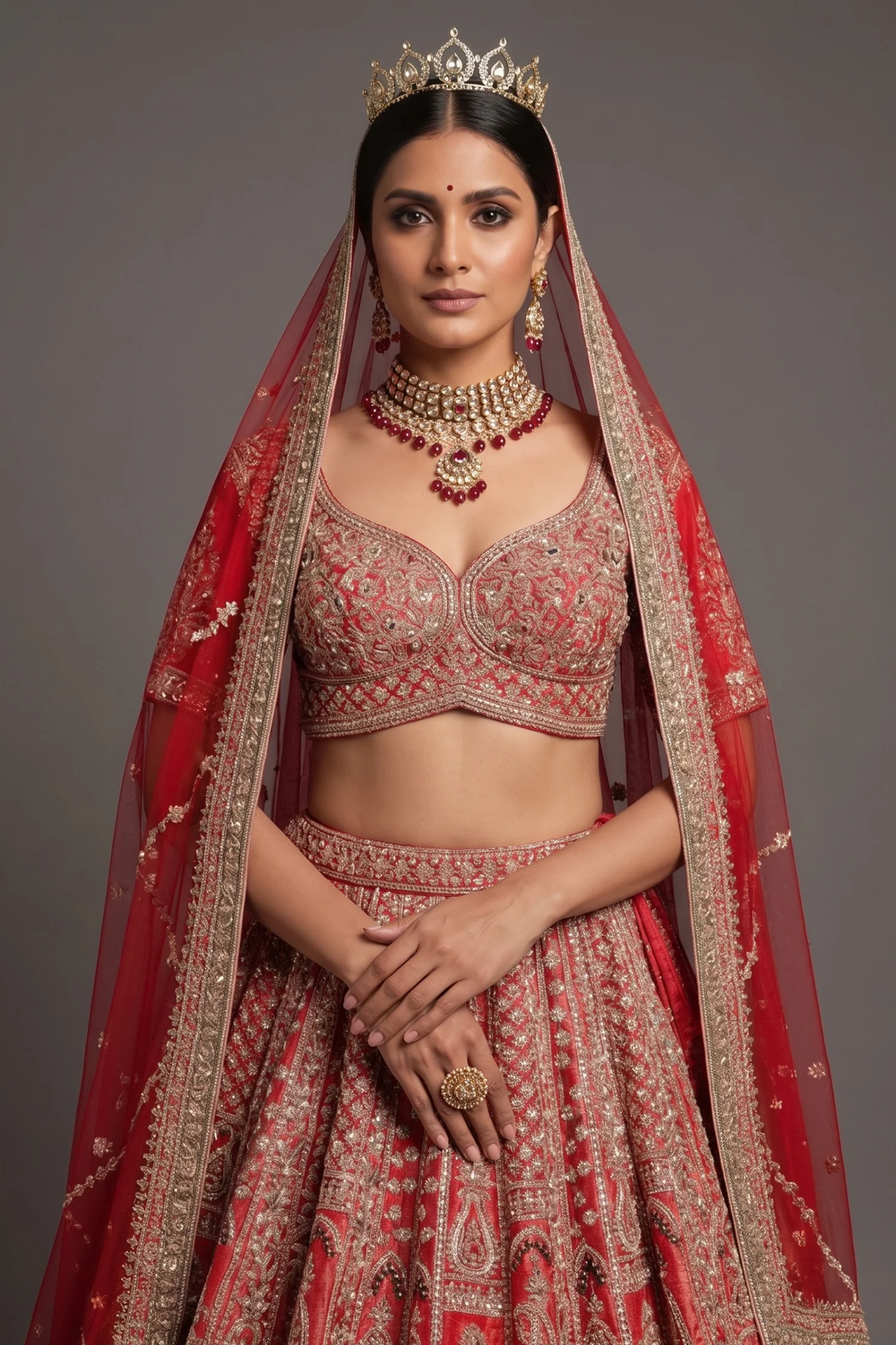 Red Tissue Designer Zardosi and Pearl Worked Lehenga - Image 2