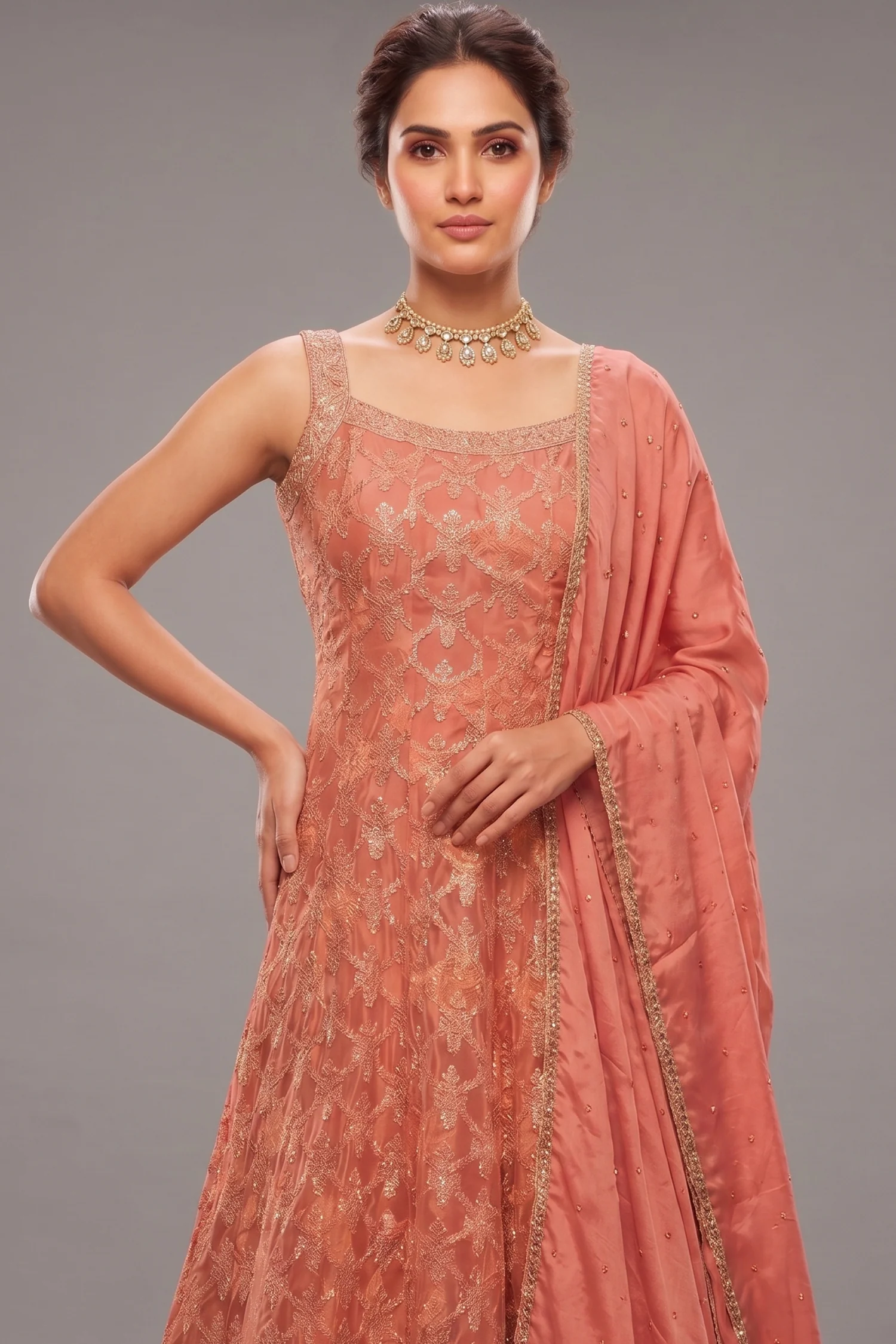 Rose Gold Pink Chinon Tissue Woven Anarkali Palazzo Suit - Image 2
