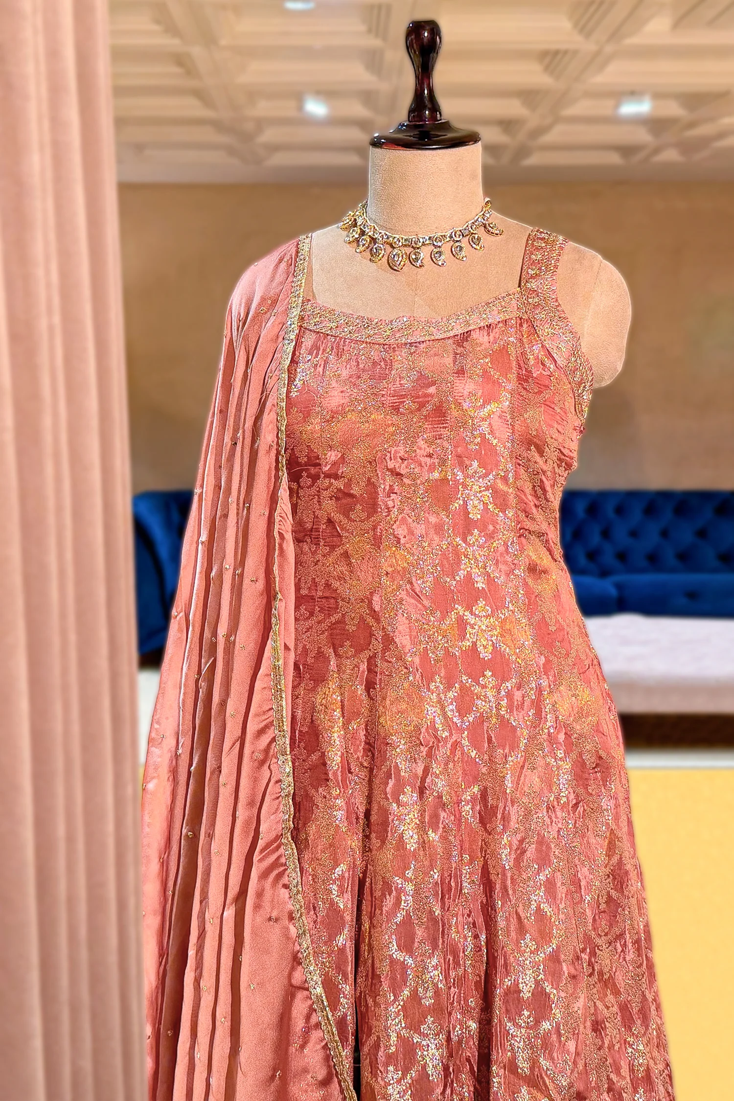 Rose Gold Pink Chinon Tissue Woven Anarkali Palazzo Suit - Image 3