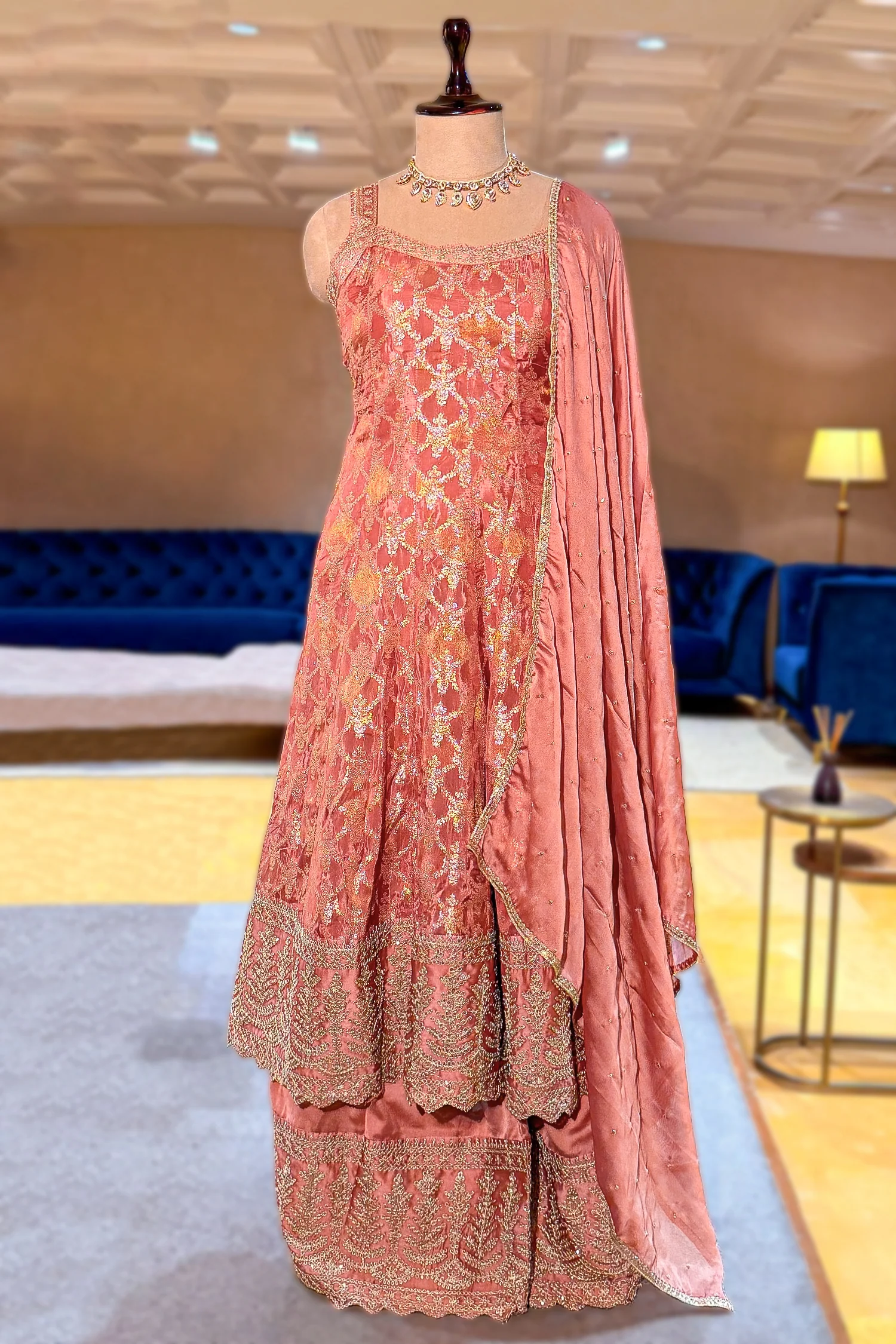 Rose Gold Pink Chinon Tissue Woven Anarkali Palazzo Suit - Image 4