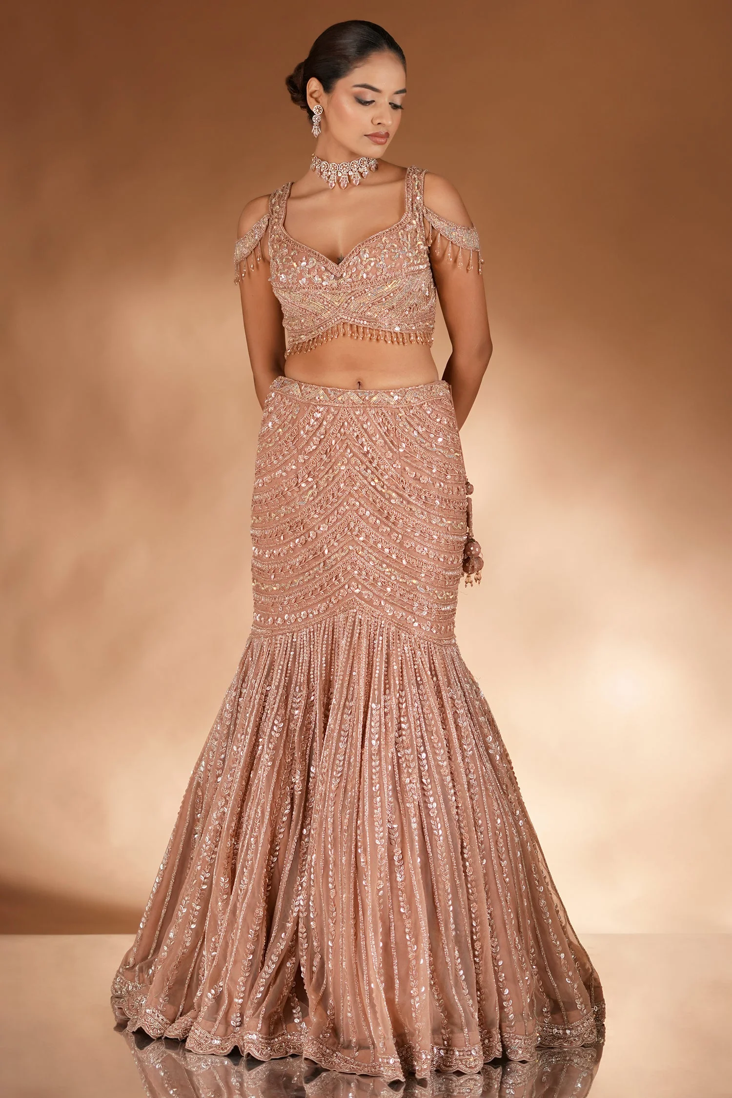 Rose Golden Net Designer Mermaid Style Lehenga with Cold Shoulder Blouse - Image 2