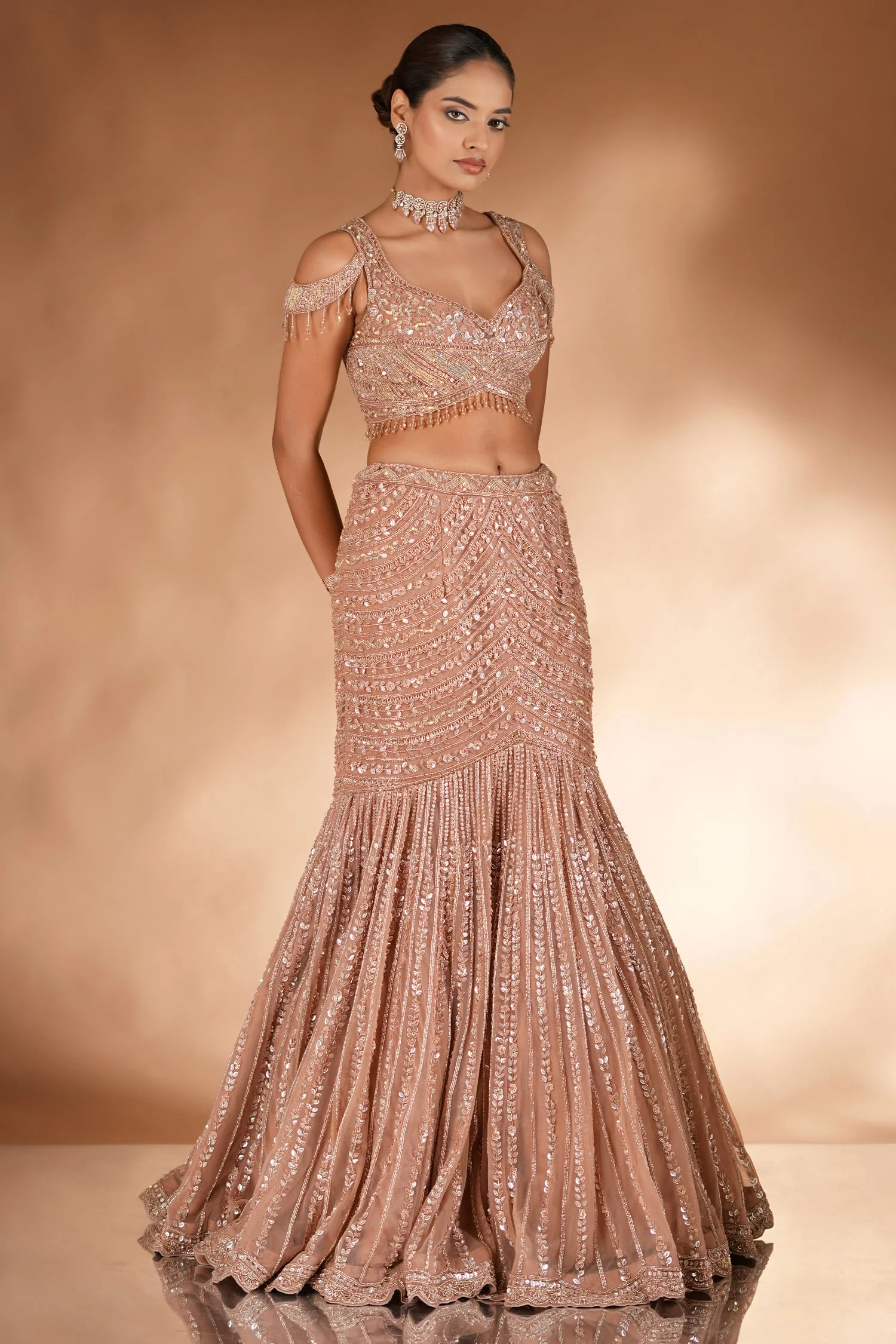 Rose Golden Net Designer Mermaid Style Lehenga with Cold Shoulder Blouse - Image 3