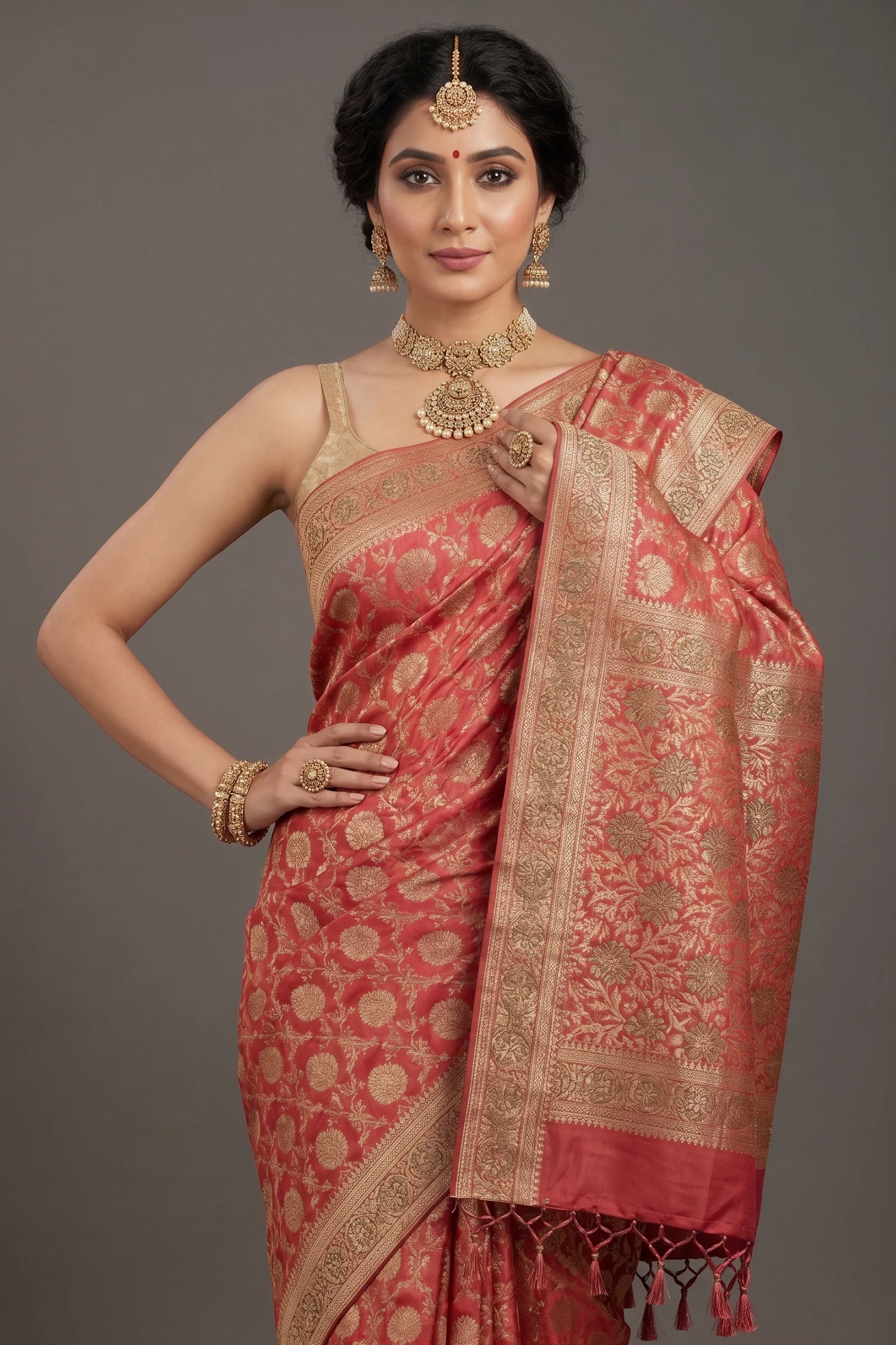 Rose Pink Banarasi Silk Traditional Floral Woven Saree with Beads and Zardosi Work - Image 2
