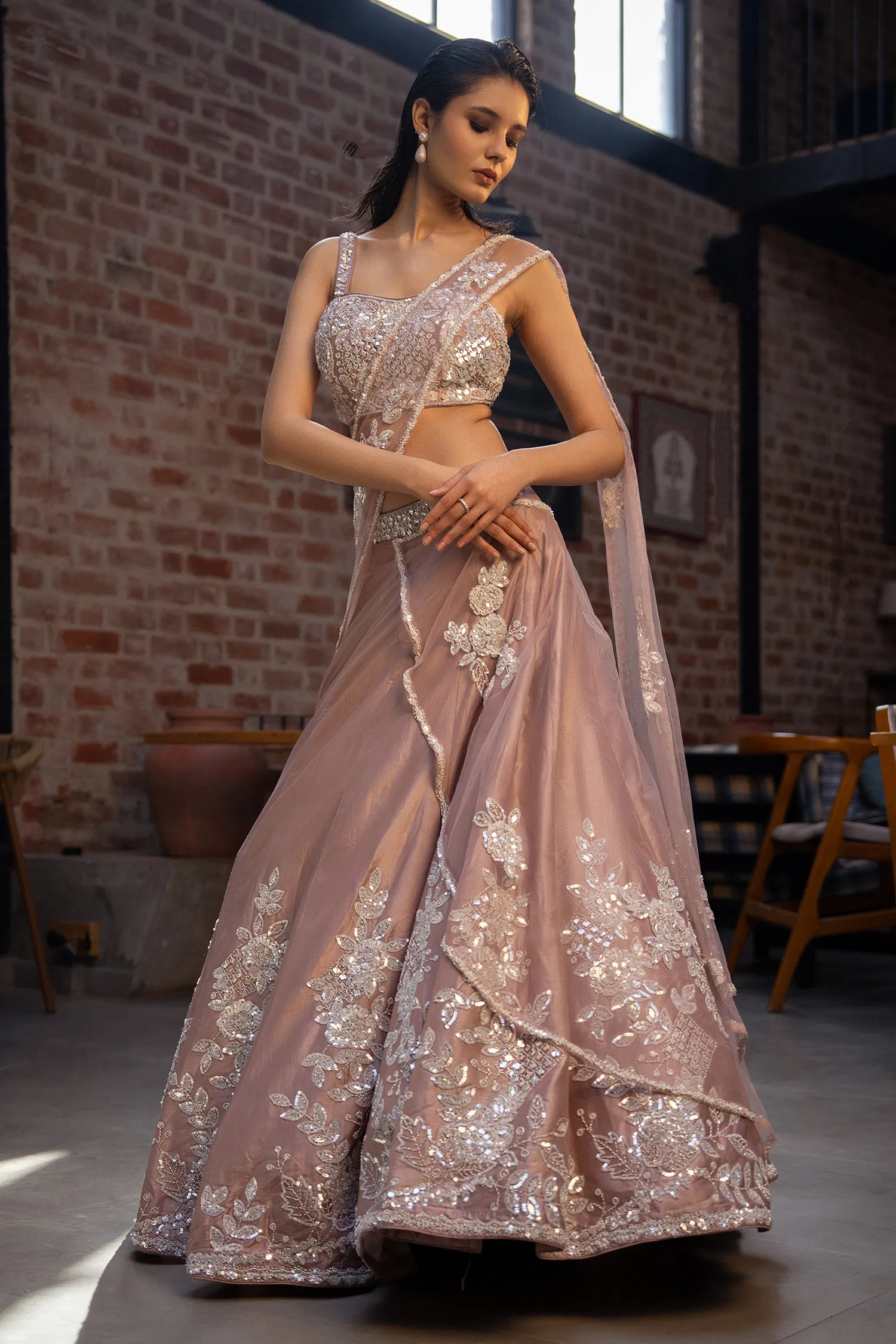 Rose Pink Silk Designer Lehenga with Sequin Work - Image 2