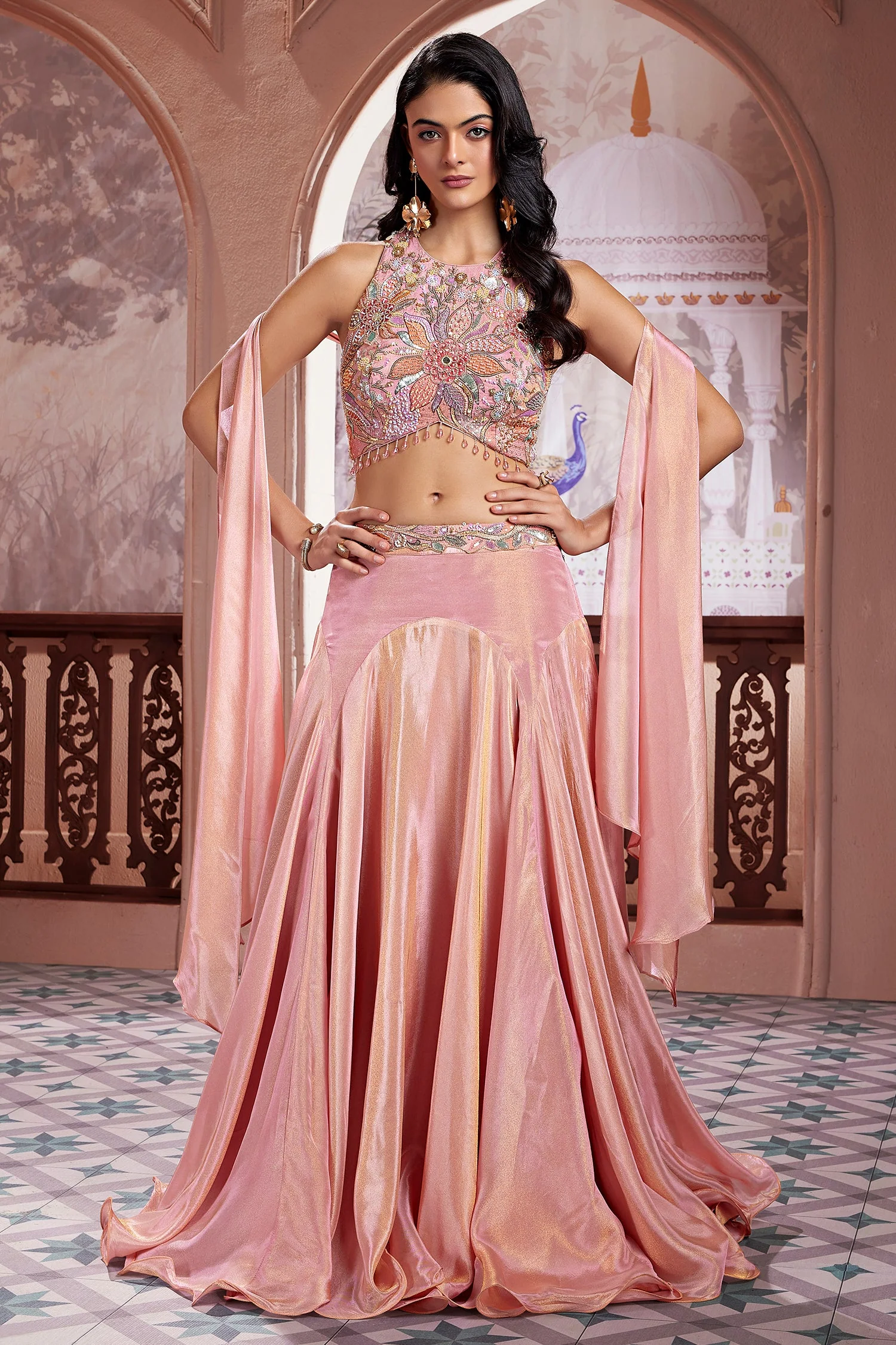 Rose Pink Tissue Mermaid Cut Lehenga with Sequin Cutdana Worked Blouse - Image 3