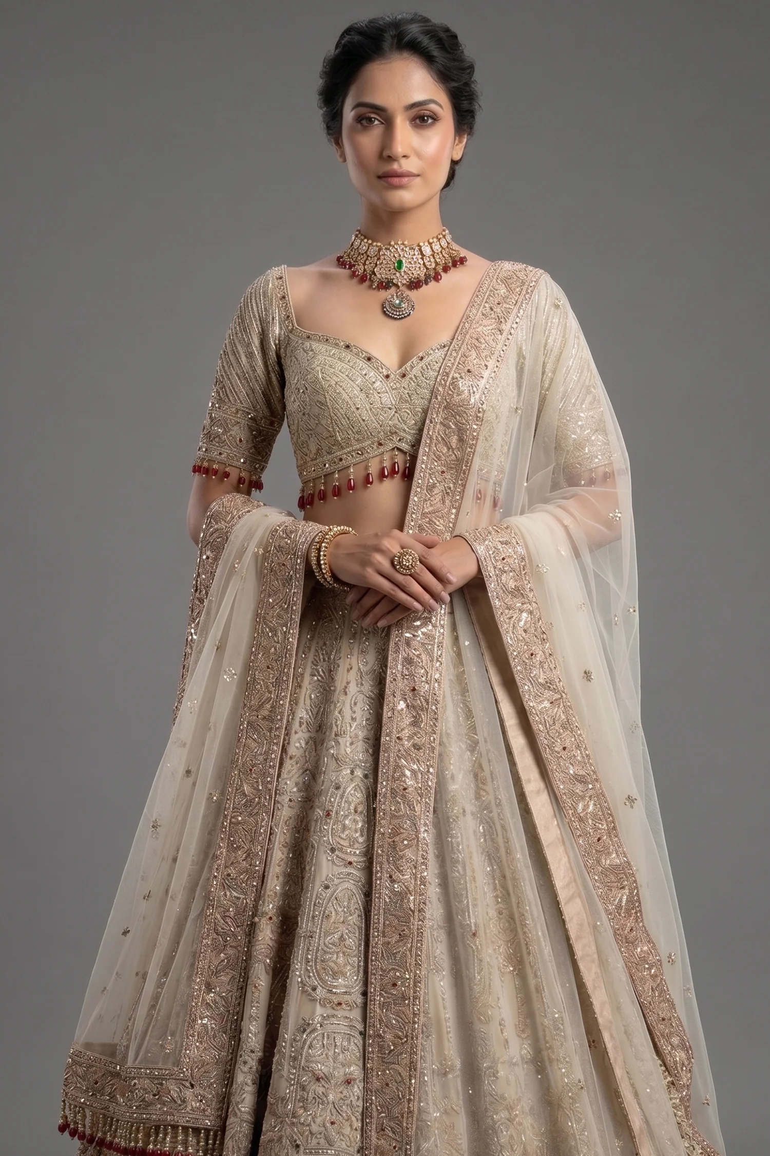 Royal Beige Net Bridal Lehenga with Luminescent Stone-Craft and Ethereal White Veil - Image 2