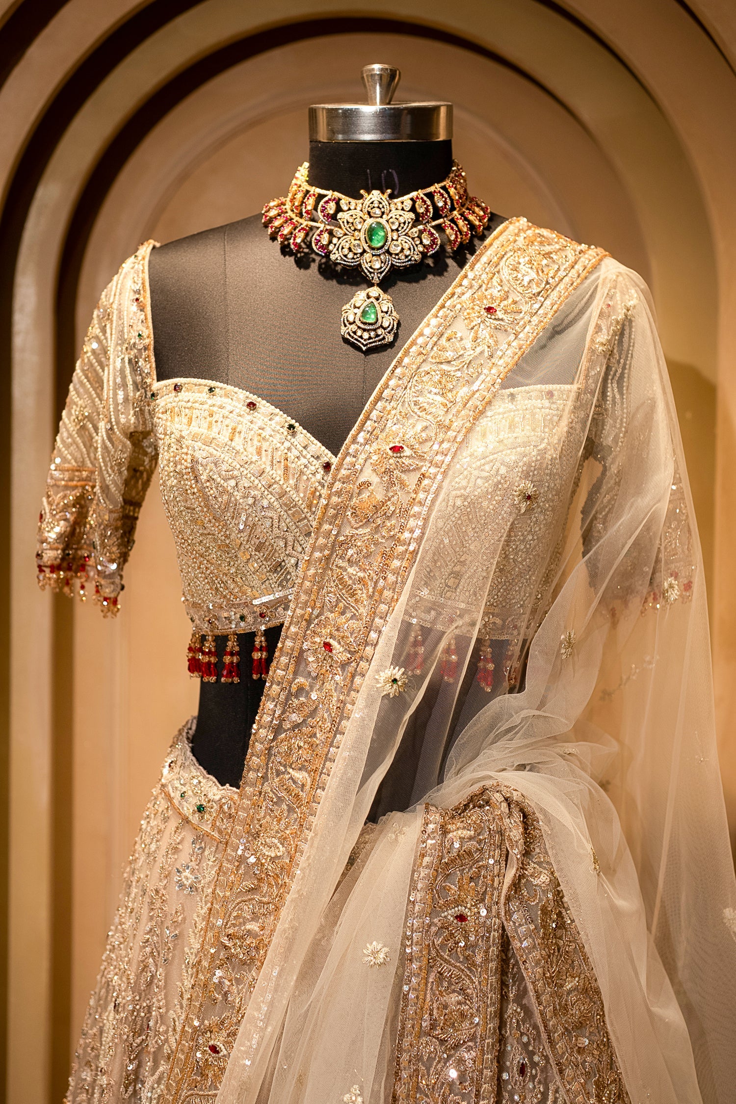 Royal Beige Net Bridal Lehenga with Luminescent Stone-Craft and Ethereal White Veil - Image 4