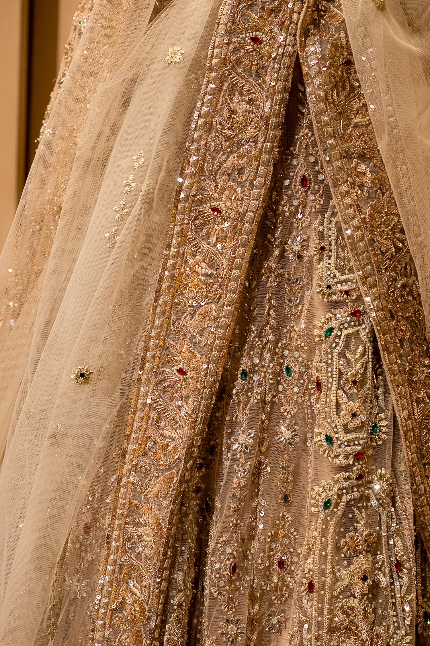 Royal Beige Net Bridal Lehenga with Luminescent Stone-Craft and Ethereal White Veil - Image 5
