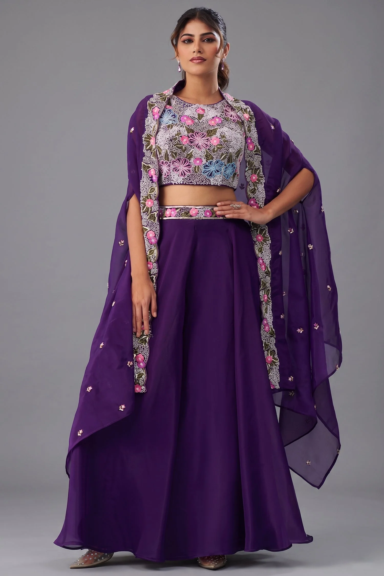 Royal Purple Crepe Beads Embroidered Crop Top with Flared Cape and Palazzo Set