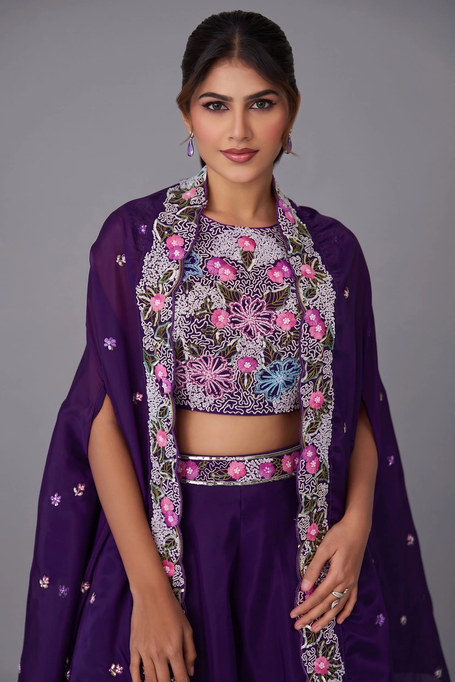 Royal Purple Crepe Beads Embroidered Crop Top with Flared Cape and Palazzo Set - Image 2