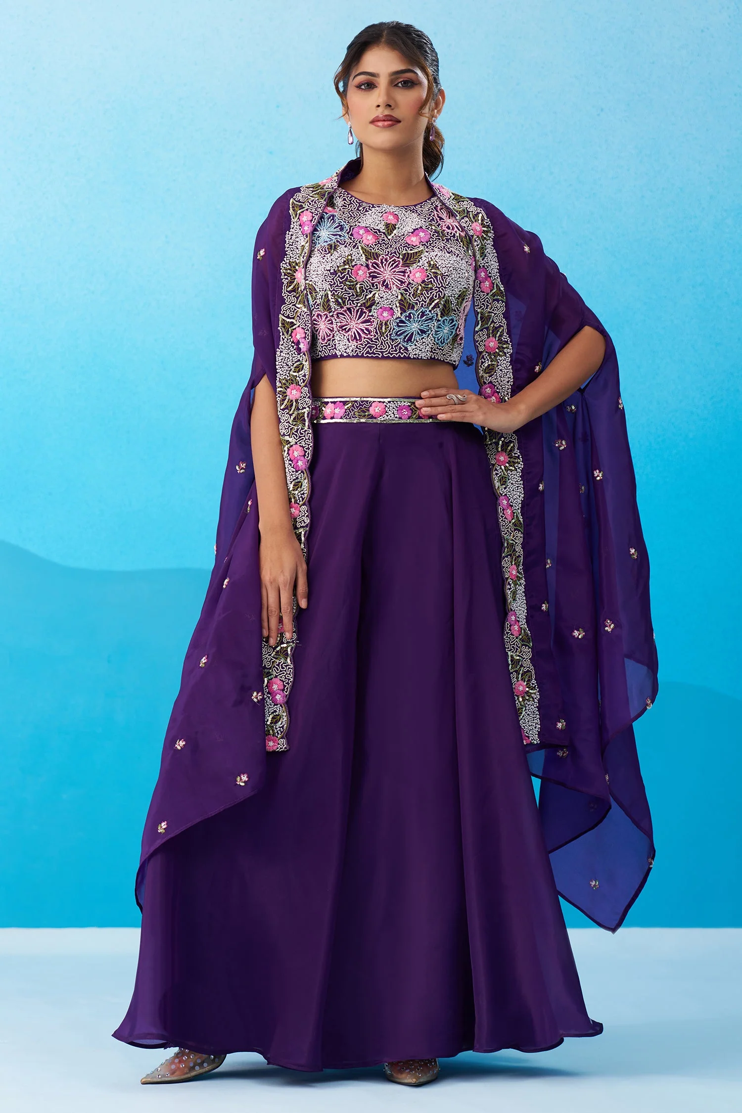 Royal Purple Crepe Beads Embroidered Crop Top with Flared Cape and Palazzo Set - Image 3