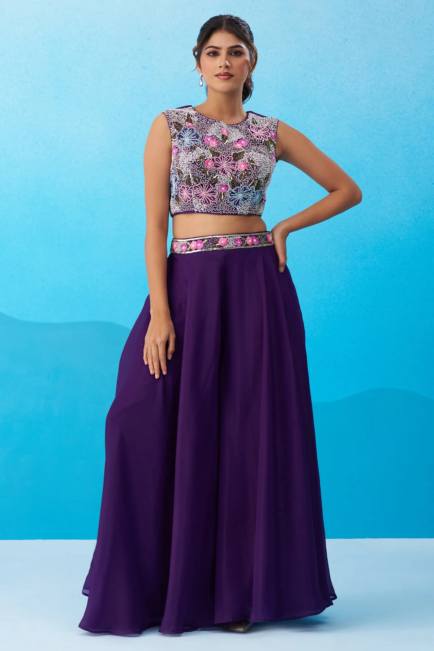 Royal Purple Crepe Beads Embroidered Crop Top with Flared Cape and Palazzo Set - Image 4