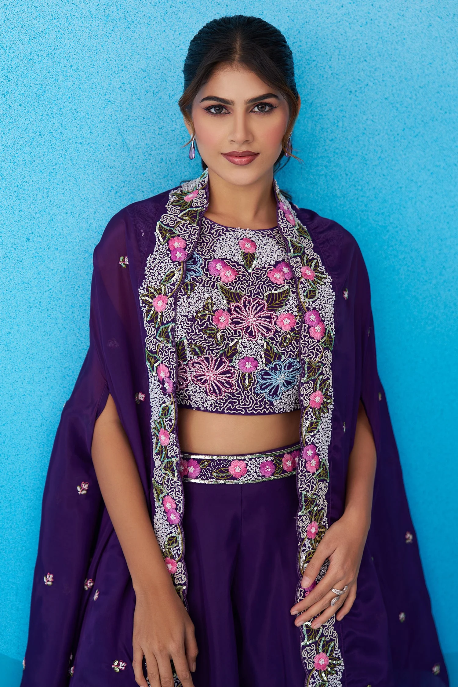 Royal Purple Crepe Beads Embroidered Crop Top with Flared Cape and Palazzo Set - Image 5