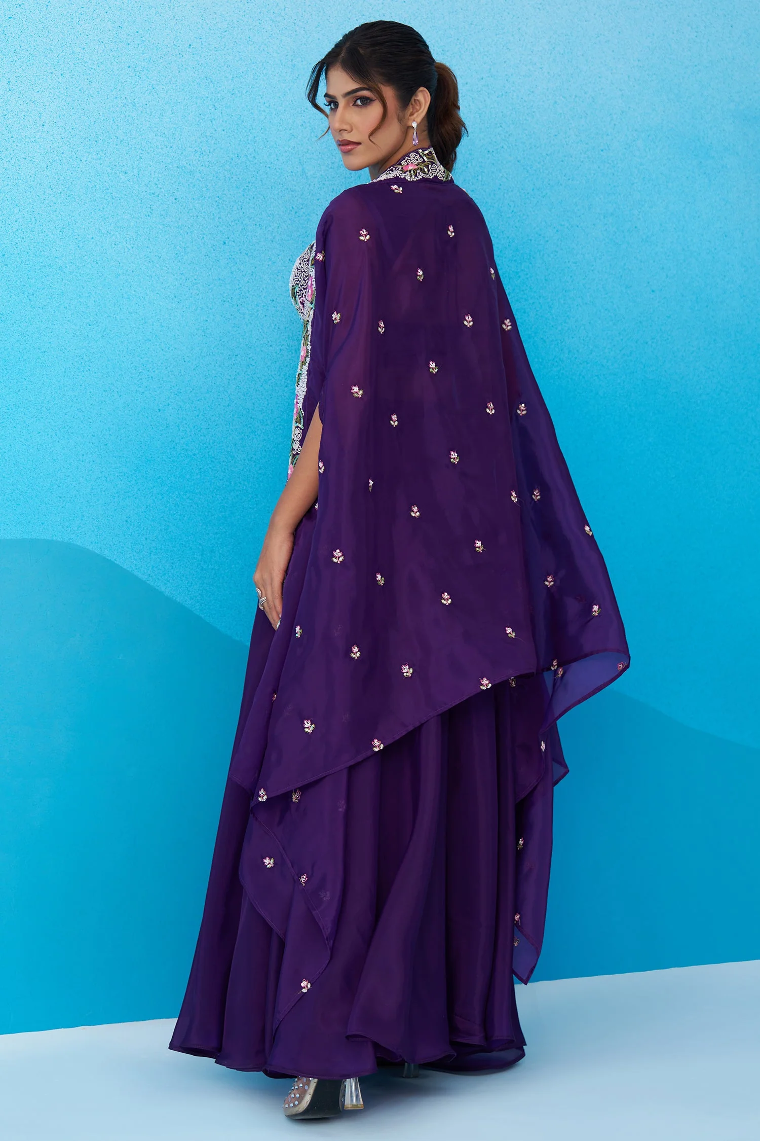 Royal Purple Crepe Beads Embroidered Crop Top with Flared Cape and Palazzo Set - Image 6