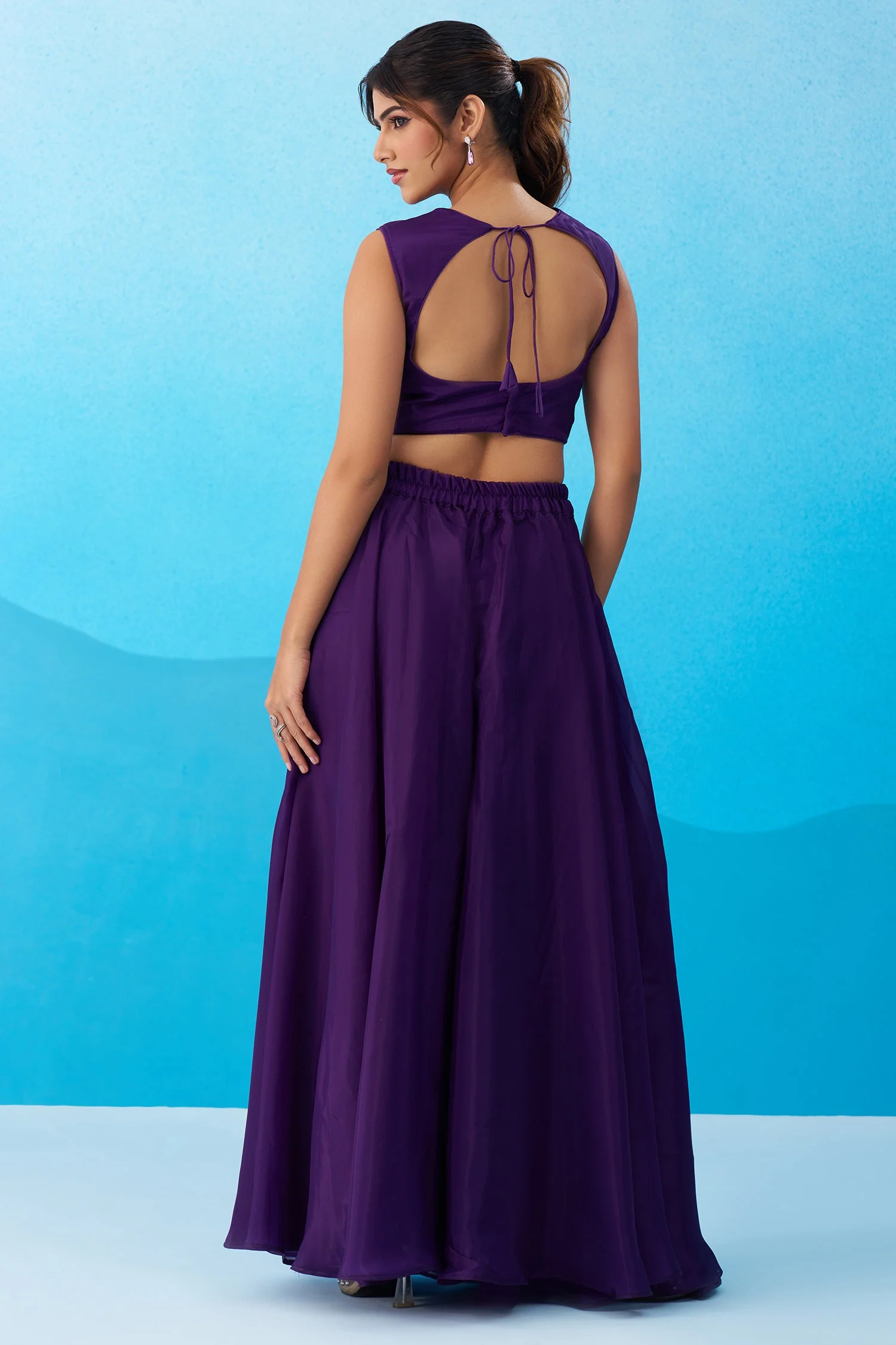 Royal Purple Crepe Beads Embroidered Crop Top with Flared Cape and Palazzo Set - Image 7