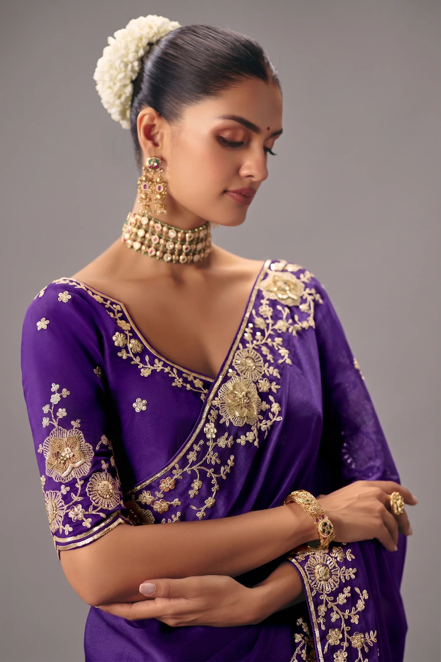 Royal Purple Viscose Chiffon Saree With All Over Embroidery In Zari And Sequins - Image 2