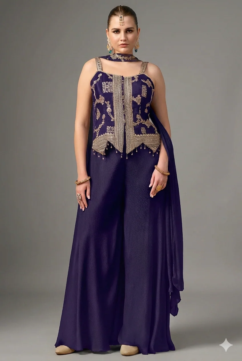 Russian Violet Purple Chinon Woven Palazzo Suit