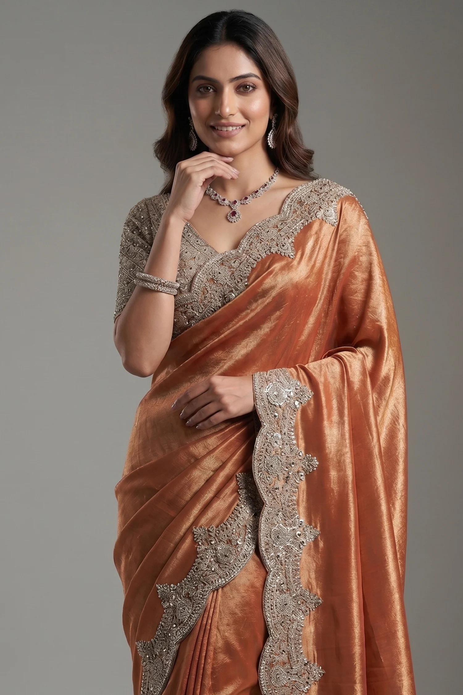 Rust Orange and Golden Two Toned Kanchipuram Viscose Silk Designer Saree with Readymade Blouse - Image 2
