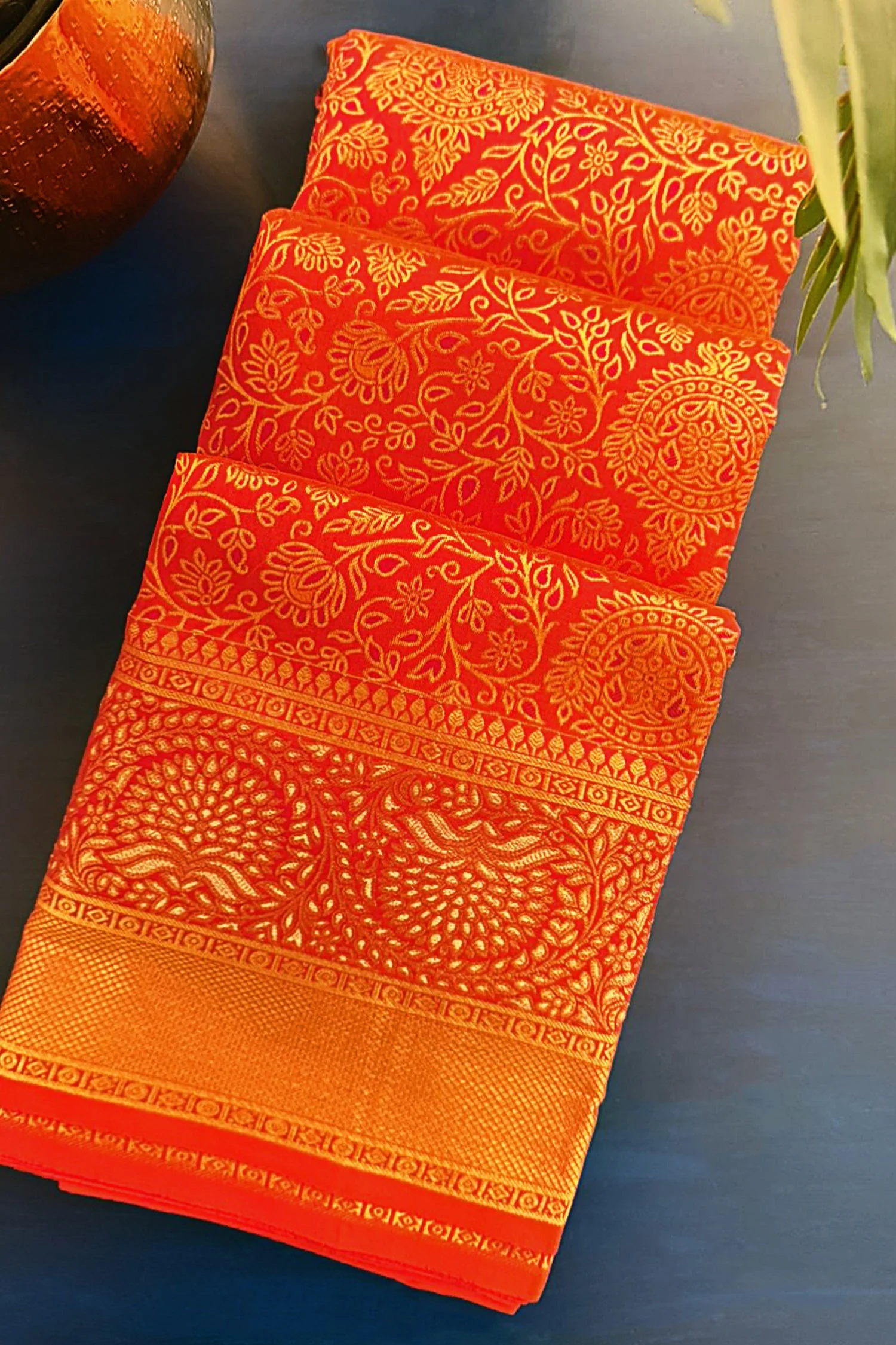 Rust Orange Kanchipuram Tissue Silk Traditional Woven Saree with Pink Hightlight - Image 2