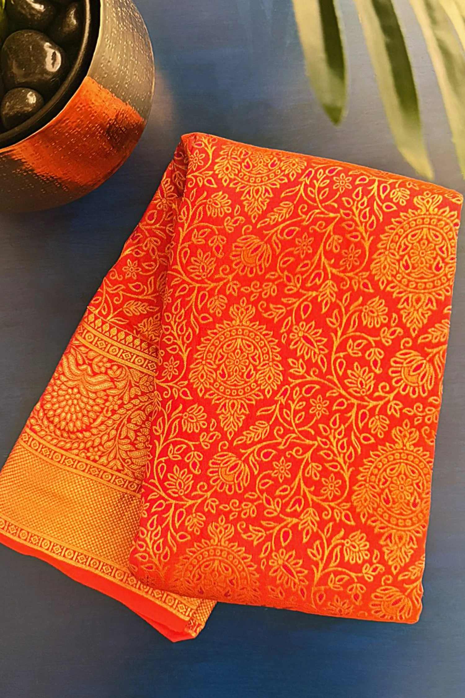 Rust Orange Kanchipuram Tissue Silk Traditional Woven Saree with Pink Hightlight - Image 3