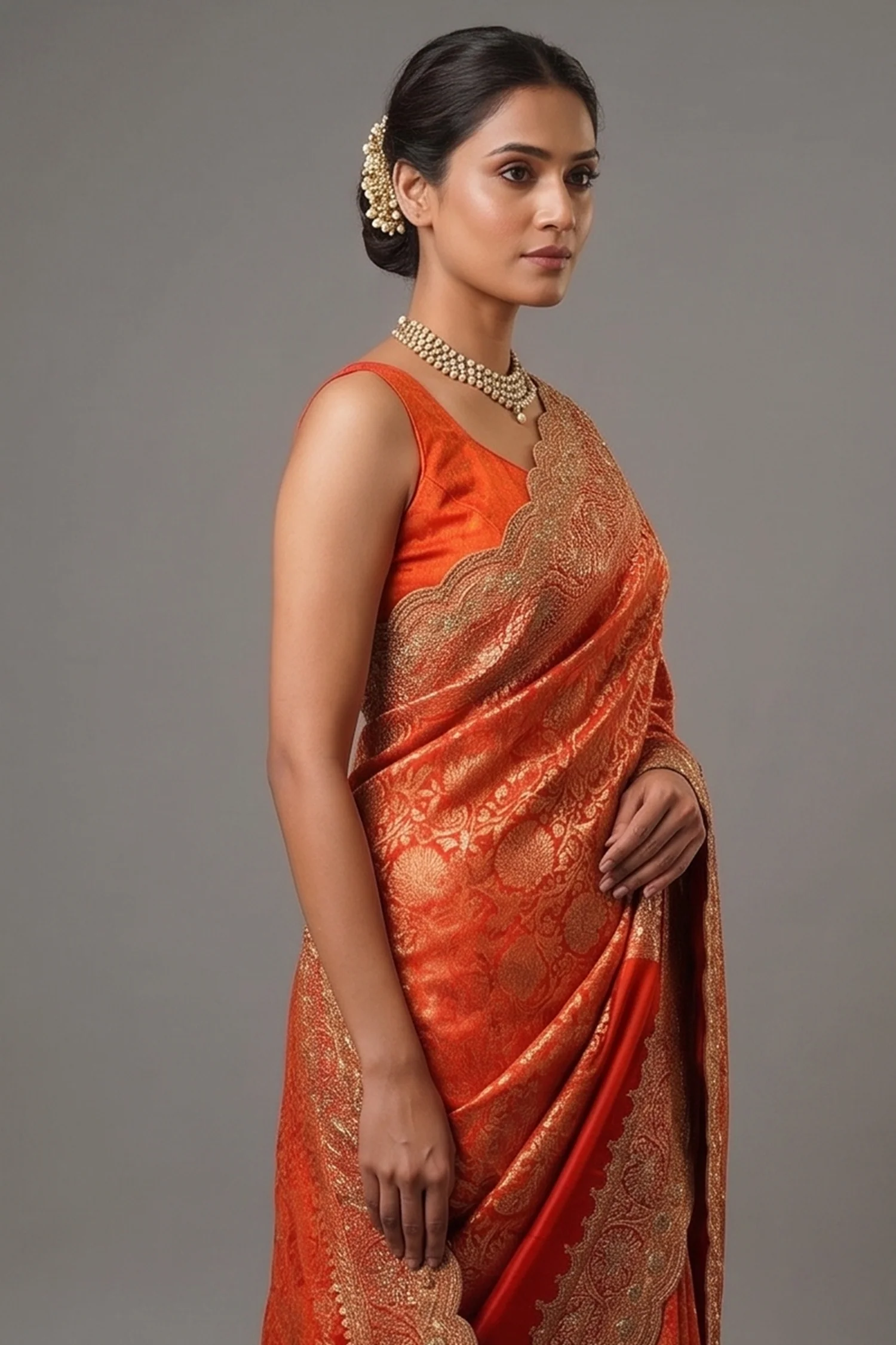 Rust Orange Kanchipuram Tissue Traditional Woven Saree with Zardosi and Cutdana Work - Image 2