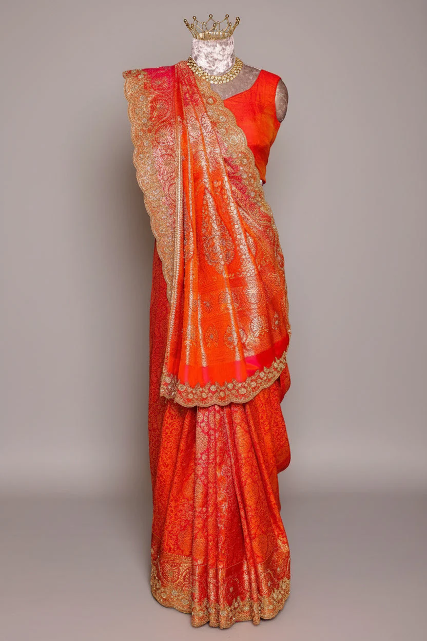 Rust Orange Kanchipuram Tissue Traditional Woven Saree with Zardosi and Cutdana Work - Image 3