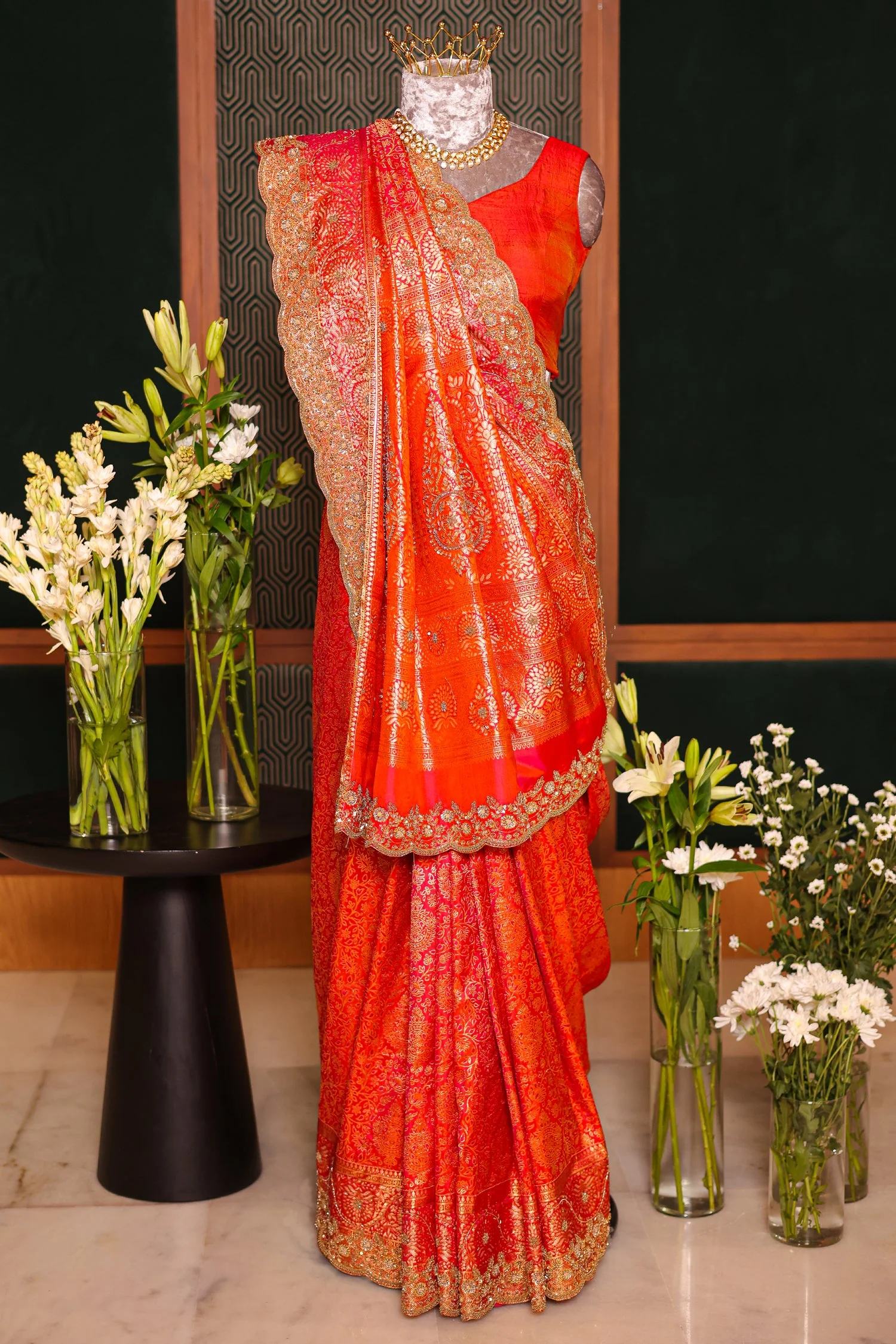 Rust Orange Kanchipuram Tissue Traditional Woven Saree with Zardosi and Cutdana Work - Image 4