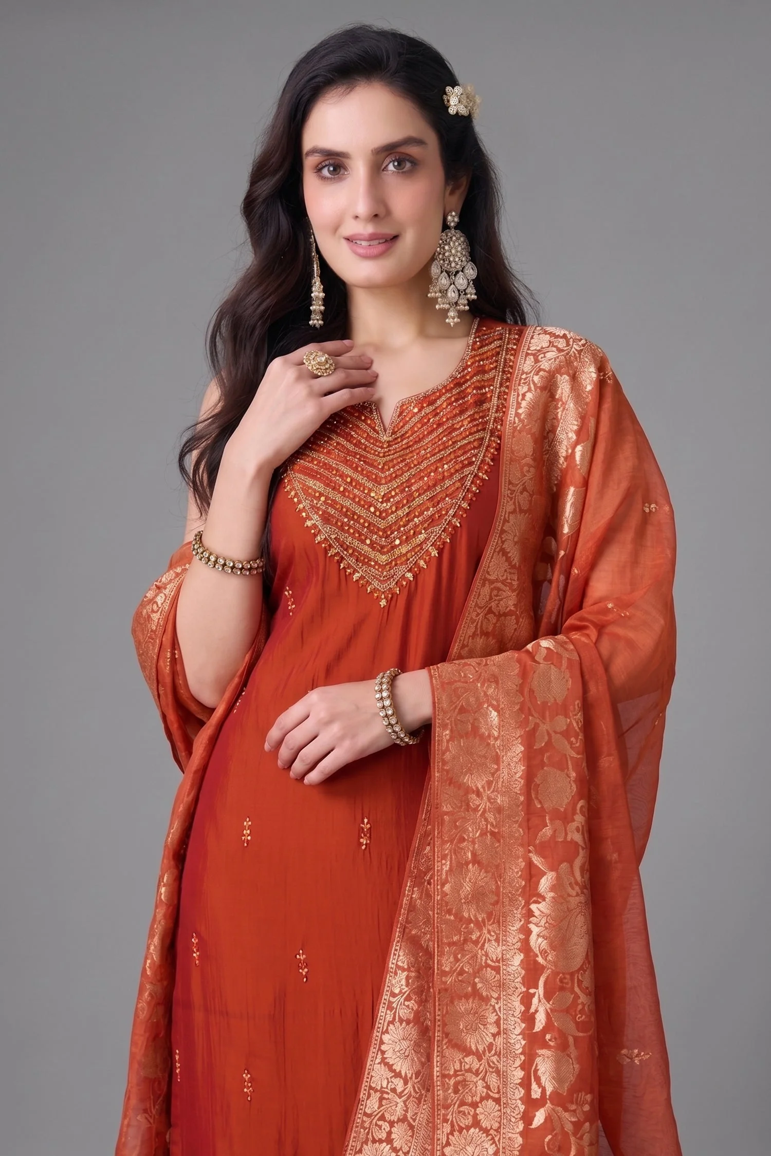 Rust Orange Mirror Embroidered Straight Cut Suit - Image 2