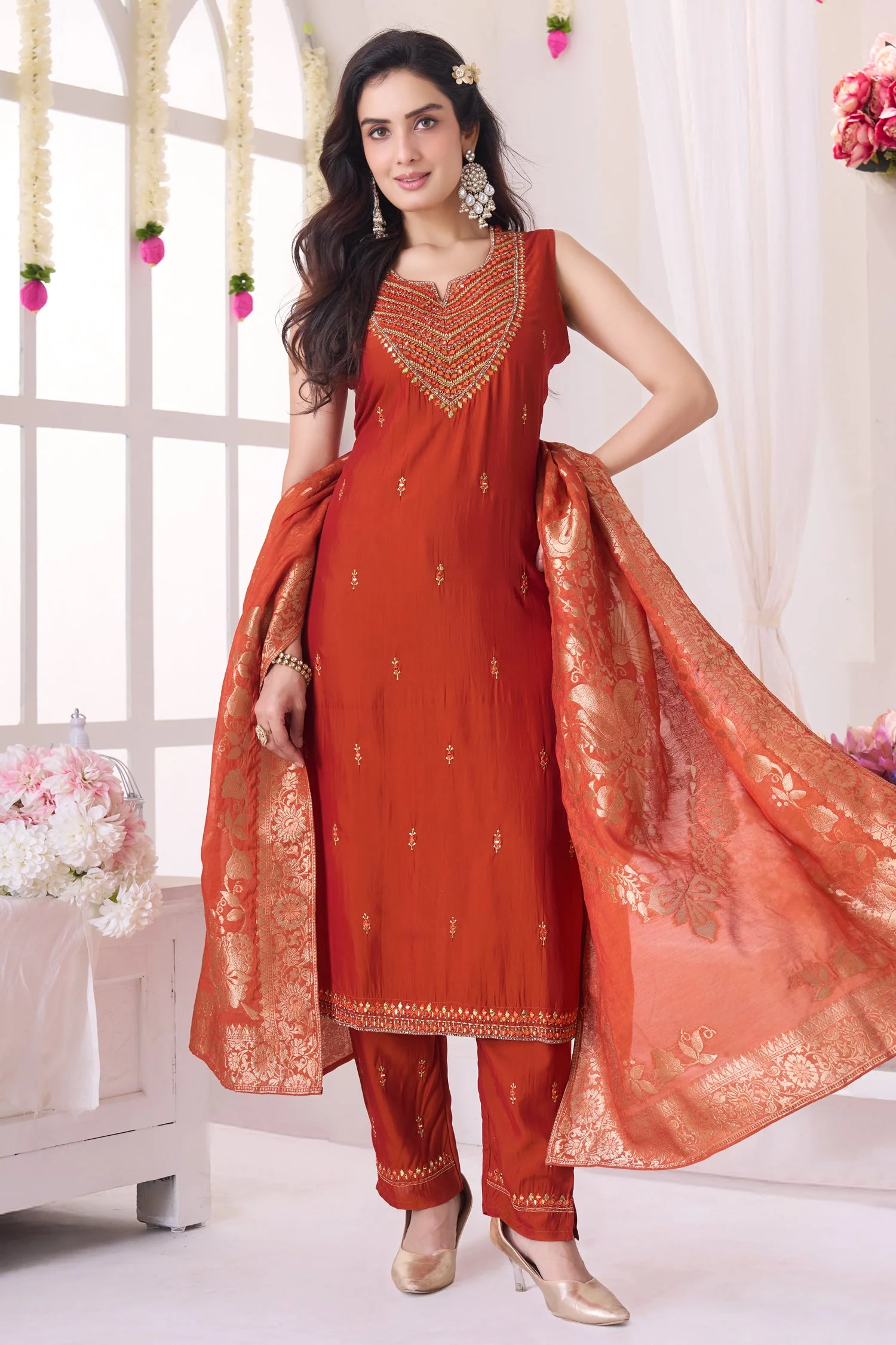 Rust Orange Mirror Embroidered Straight Cut Suit - Image 3