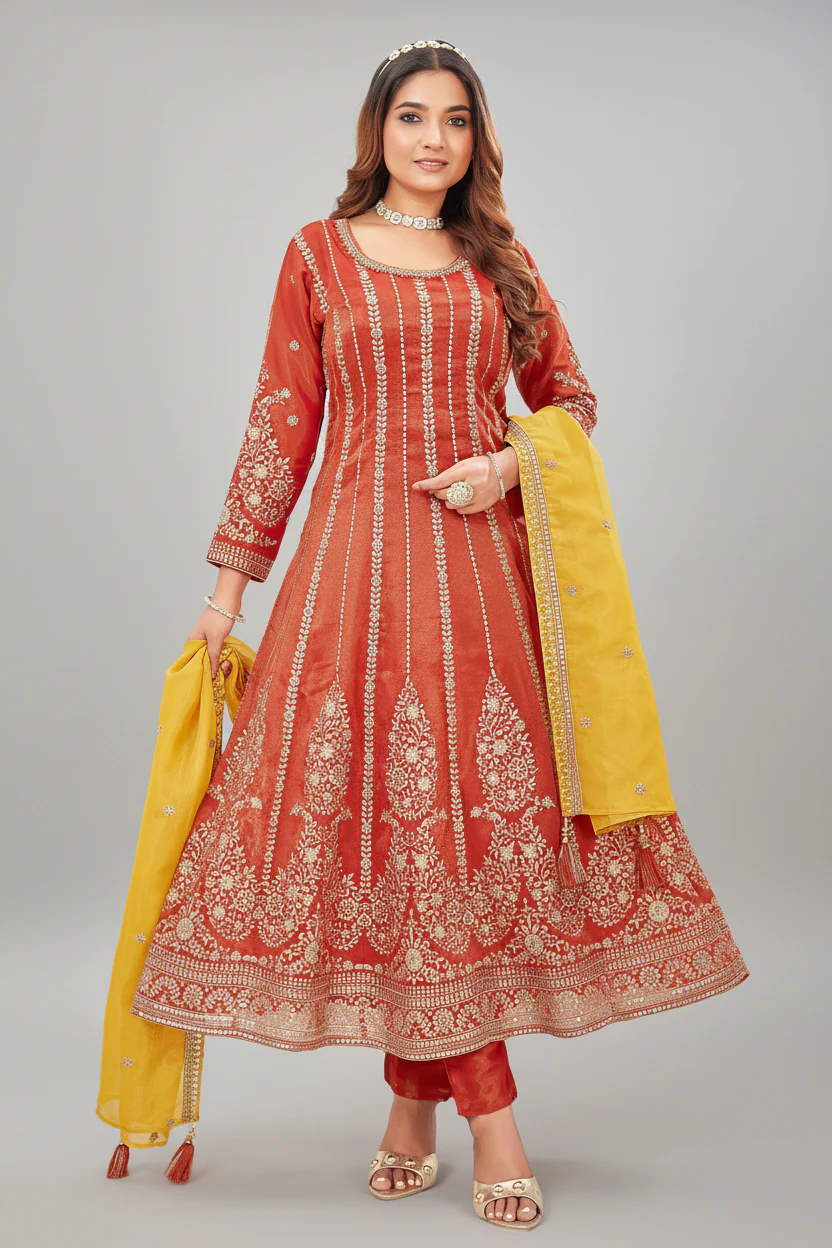 Rust Orange Organza Tissue Silk Sequin Embroidery Worked Anarkali Suit