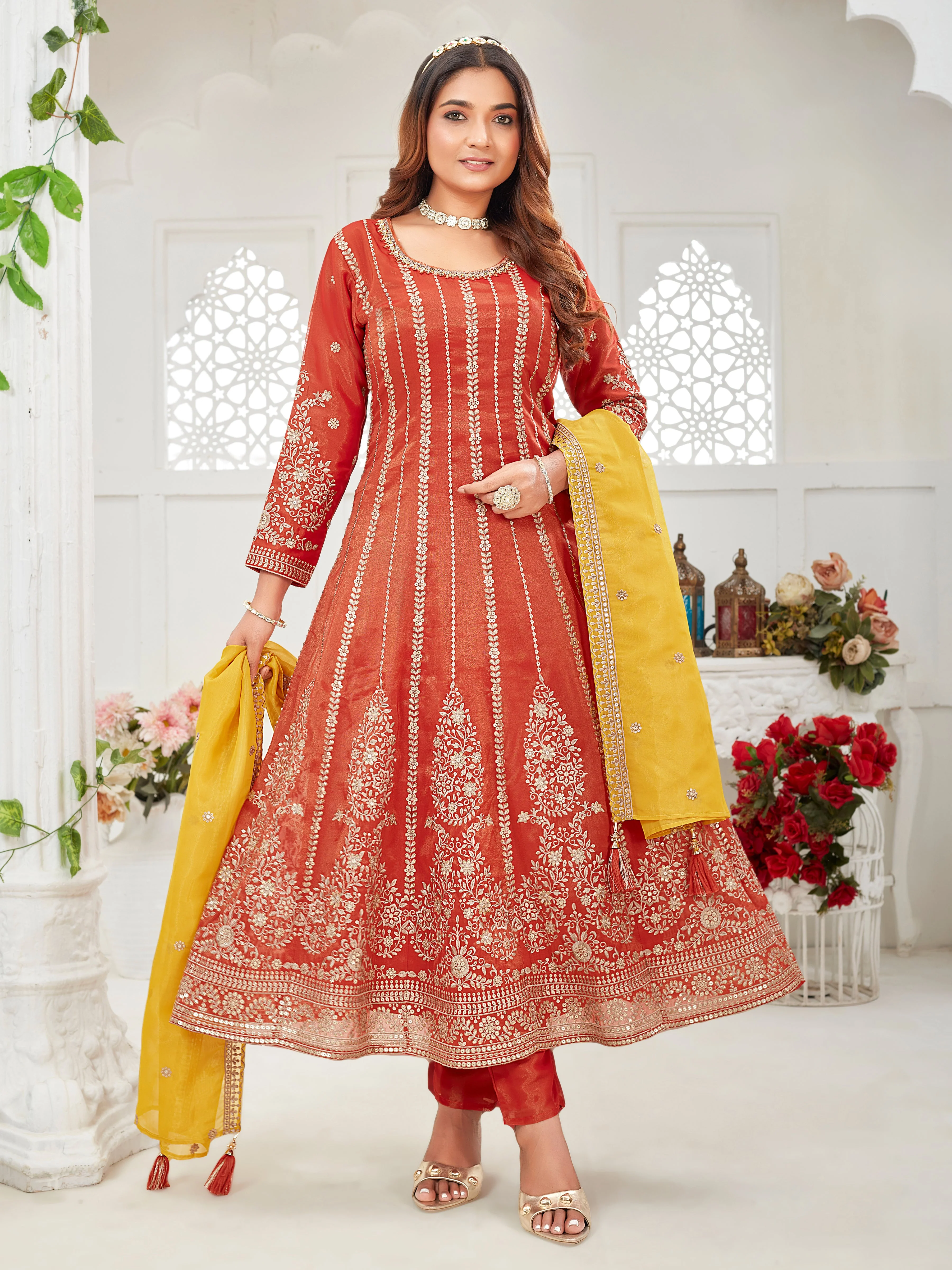 Rust Orange Organza Tissue Silk Sequin Embroidery Worked Anarkali Suit - Image 2
