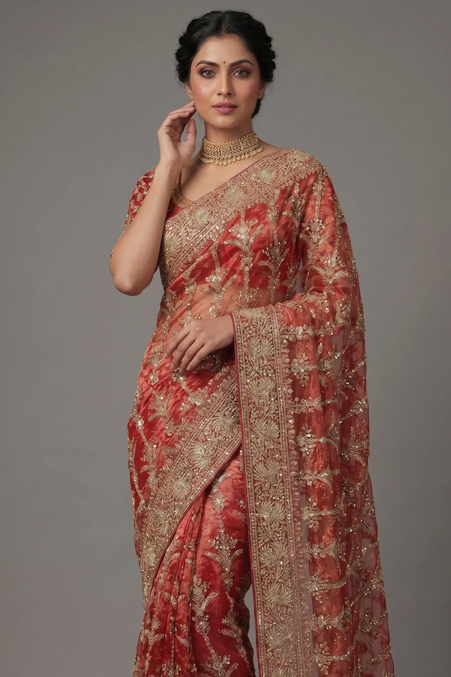 Rust Orange Organza Zardosi Worked Designer Saree - Image 2