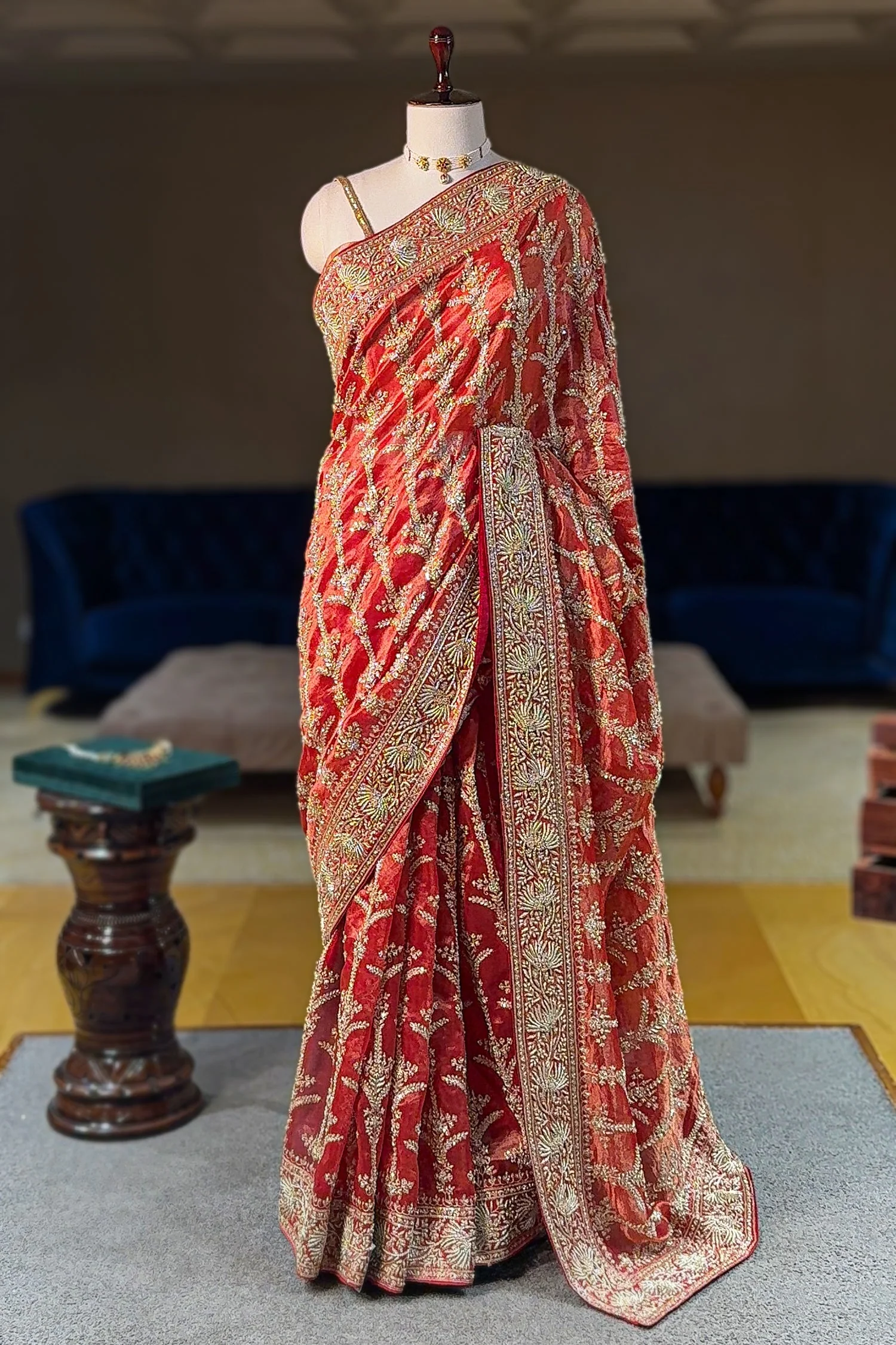 Rust Orange Organza Zardosi Worked Designer Saree - Image 3