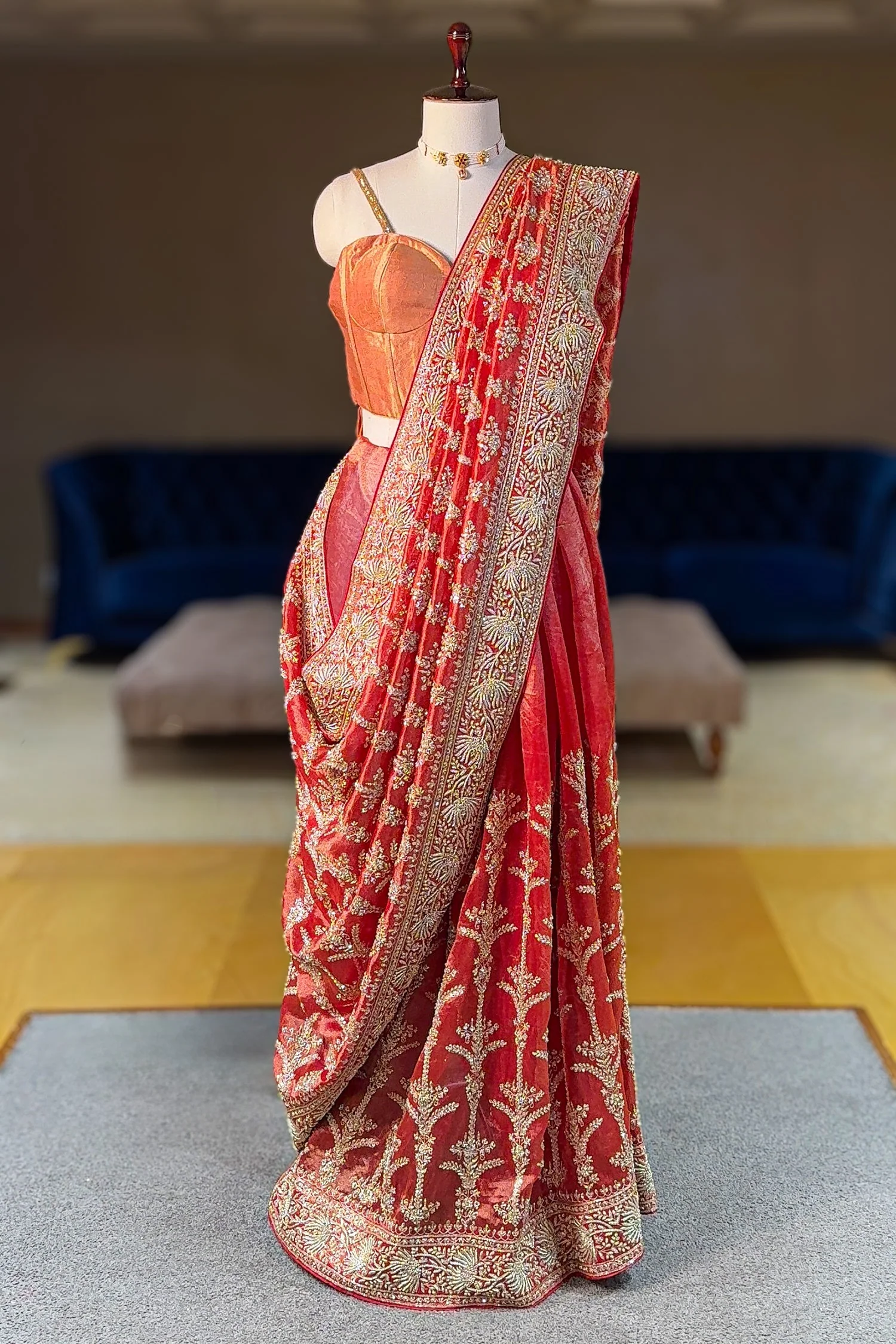 Rust Orange Organza Zardosi Worked Designer Saree - Image 4