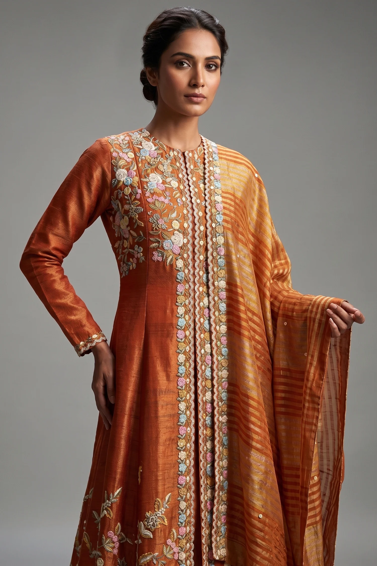 Rust Orange Tissue Beaded and Sequin Worked Slit Cut Palazzo Suit - Image 2