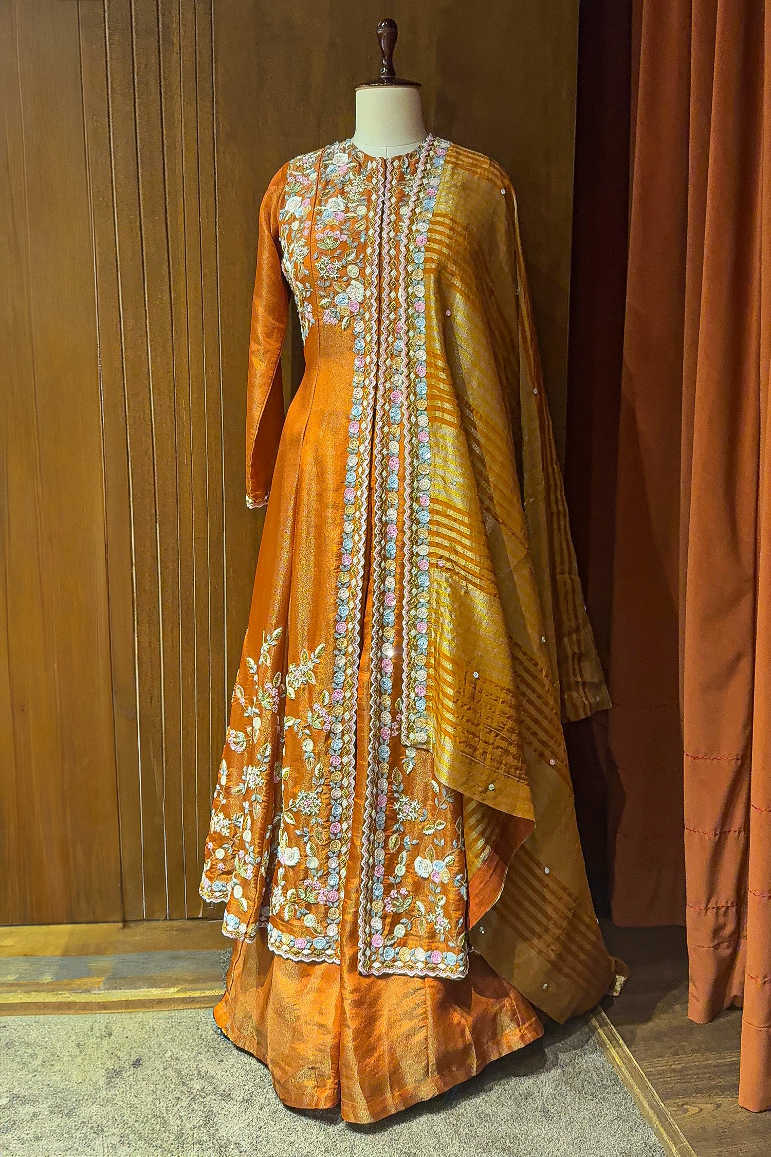 Rust Orange Tissue Beaded and Sequin Worked Slit Cut Palazzo Suit - Image 3